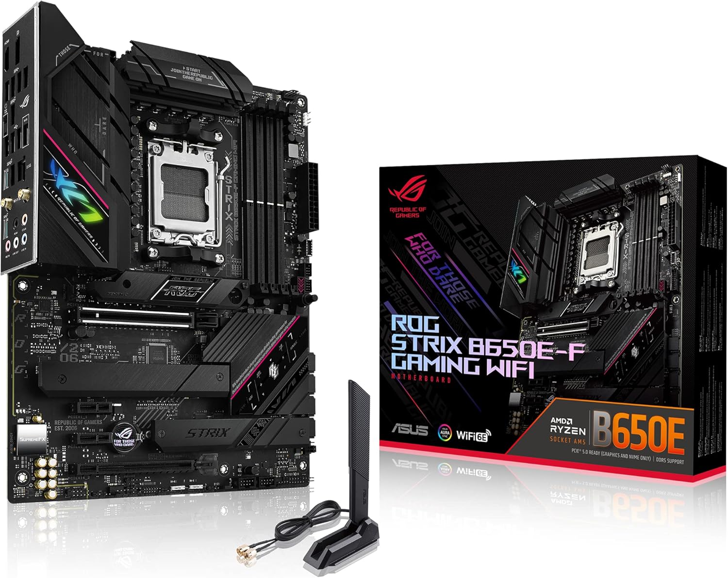 ASUS ROG Strix B650E-F Gaming WiFi AMD Ryzen AM5 ATX motherboard, 12 + 2 power stages, DDR5, three M.2 slots, PCIe 5.0, WiFi 6E, 2.5G LAN, USB 3.2 Gen 2x2 Type-C port, and Aura Sync RGB