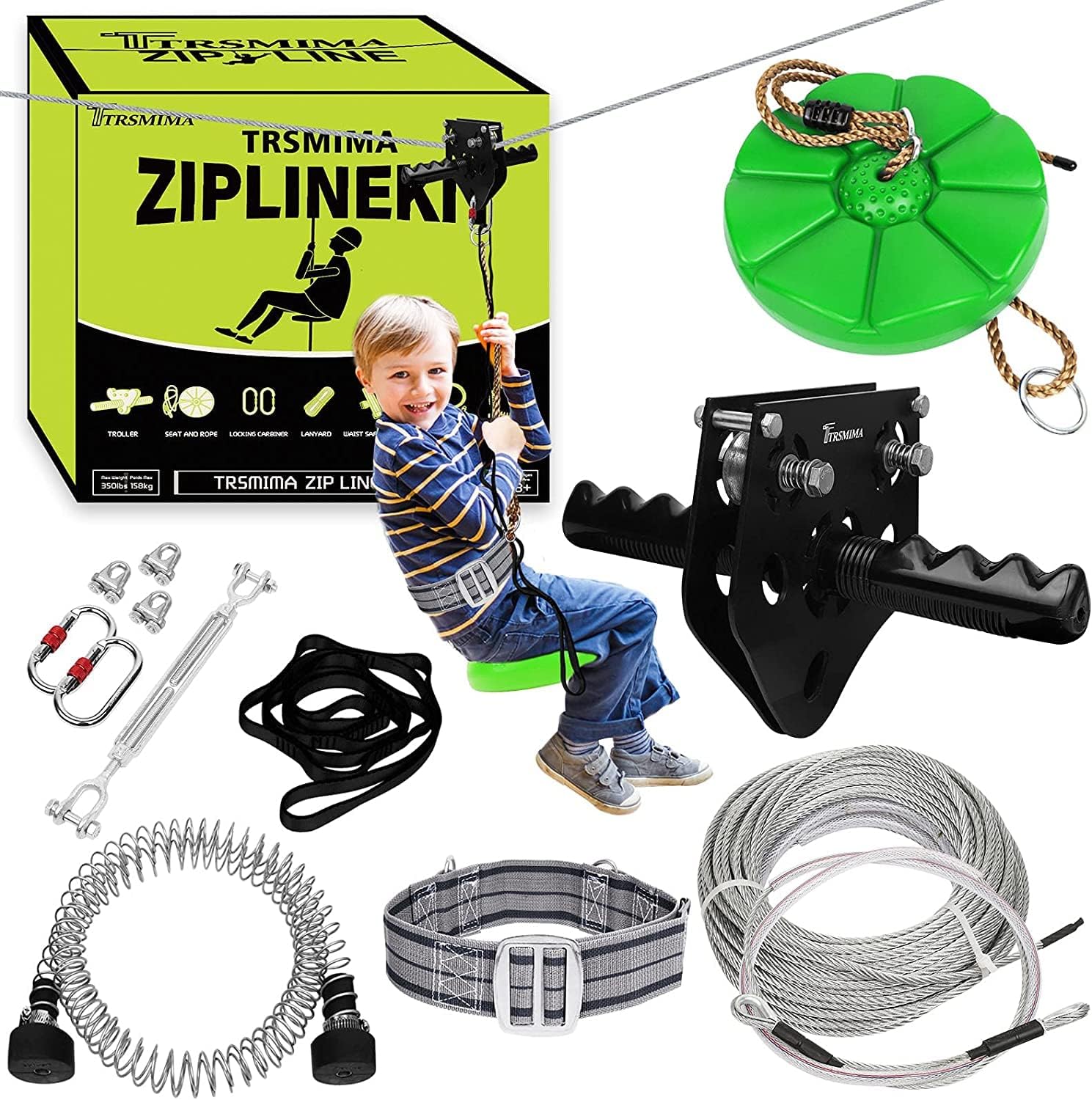 150/180/200 Feet Zip Line Kit for Kids and Adult Up to 330 lb - Updated Removable Design Trolley and Thickened Seat Rust Proof W/Safety Harness - Zipline Kits for Backyard