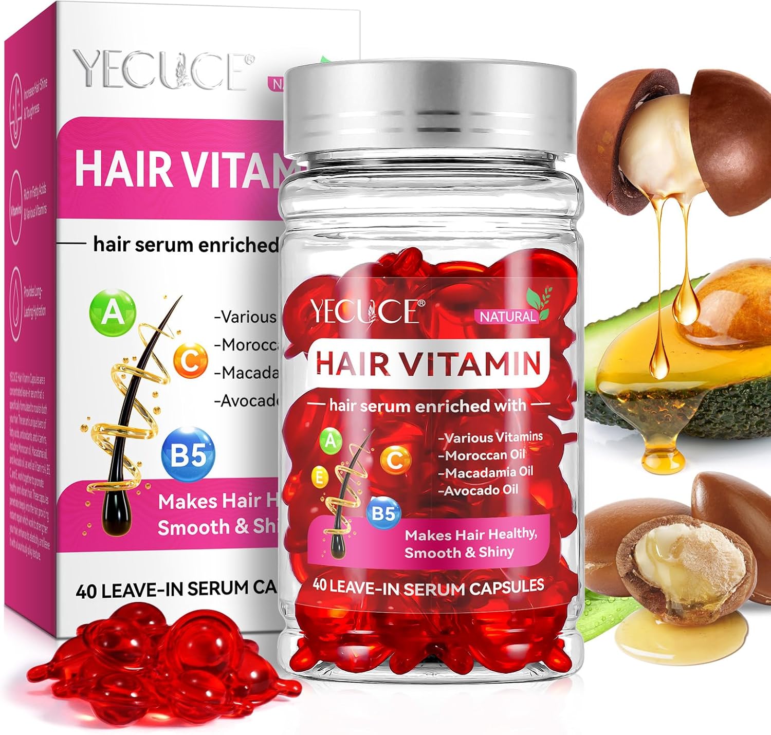 Hair Vitamin Serum Oil Capsule,Hair Treatment Serum with Vitamins A C E Pro B5 and Argan Macadamia Avocado Oils,No Rinse,and Safe for All Hair,For Men & Women