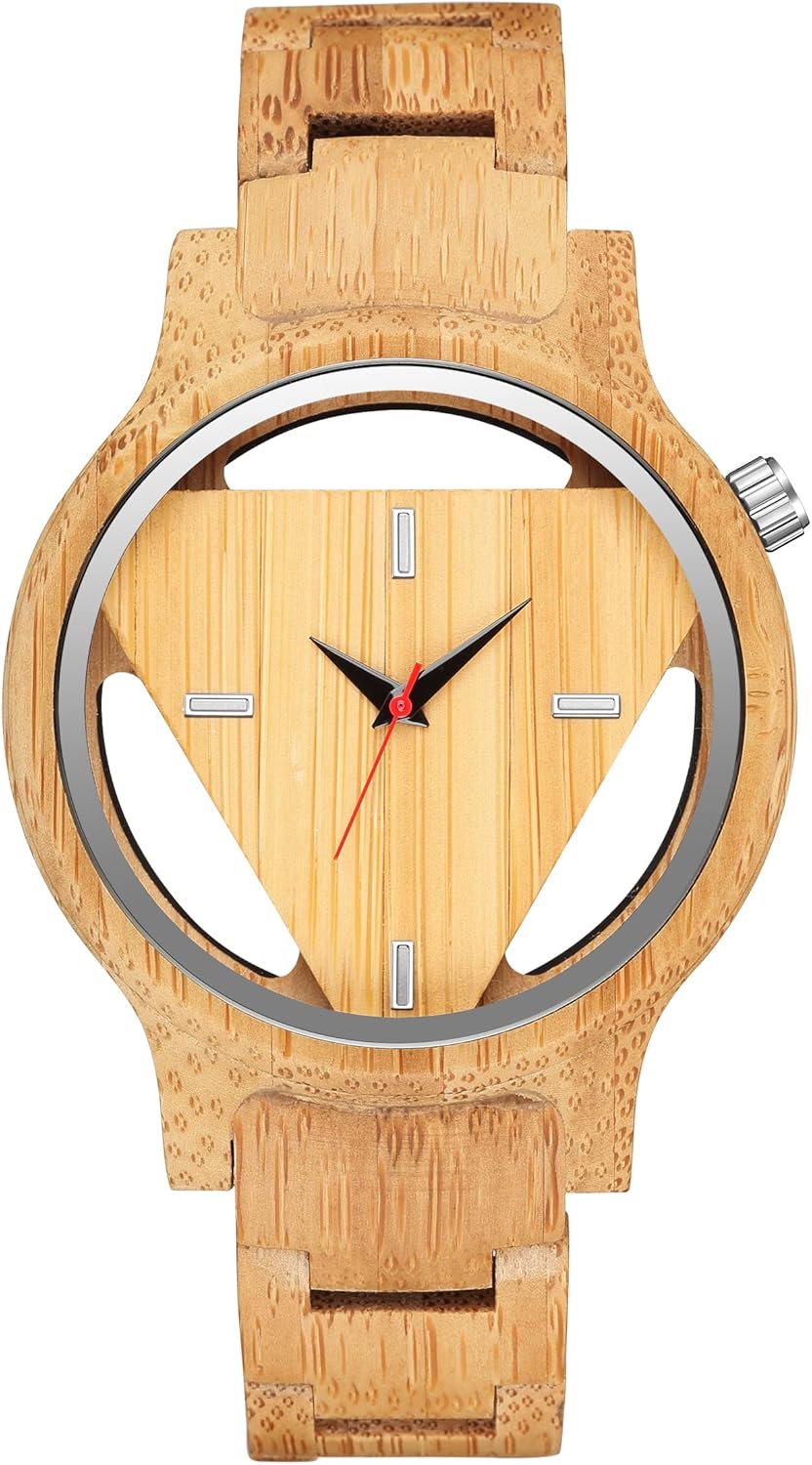 Quartz Wooden Watches for Men Hand-Made Engraved Geometric Triangle Wood Watch Man Minimalist Wristwatches Birthday Christmas Gifts, Yellow, Quartz Movement
