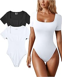 OQQ Women's 2 Piece Bodysuits Sexy Ribbed One Piece Square Neck Short Sleeve Bodysuits