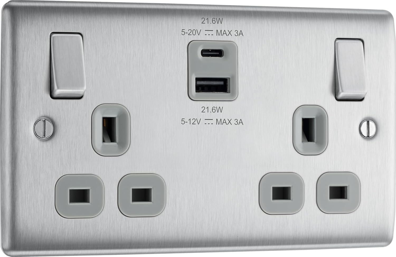 BG Electrical Double Switched Wall Plug Socket with Fast Charge Type A & C USB Charging Ports, Nexus Metal, Brushed Steel, Grey Inserts, 13A, 22W, NBS22UAC22G