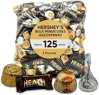Hershys Assorted Chocolate Miniatures - 2 Pounds Approx 125 - Halloween Candy Variety Pack - Heath, Kisses Silver, Rolo, Reeces Peanut Butter Cups - Individually Wrapped Bulk for Weddings, Gifting, Office