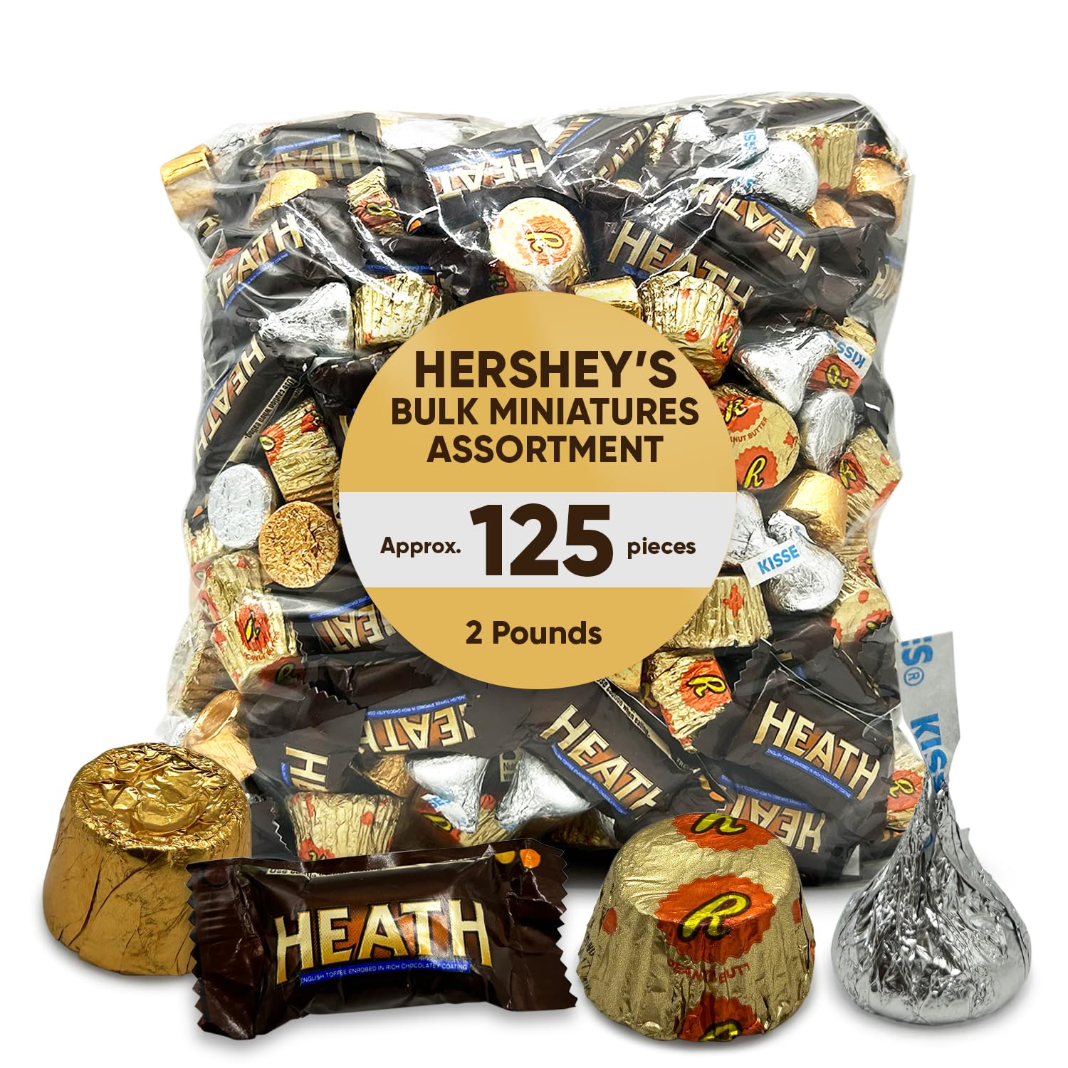 Hershys Assorted Chocolate Miniatures - 2 Pounds Approx 125 - Halloween Candy Variety Pack - Heath, Kisses Silver, Rolo, Reeces Peanut Butter Cups - Individually Wrapped Bulk for Weddings, Gifting, Office