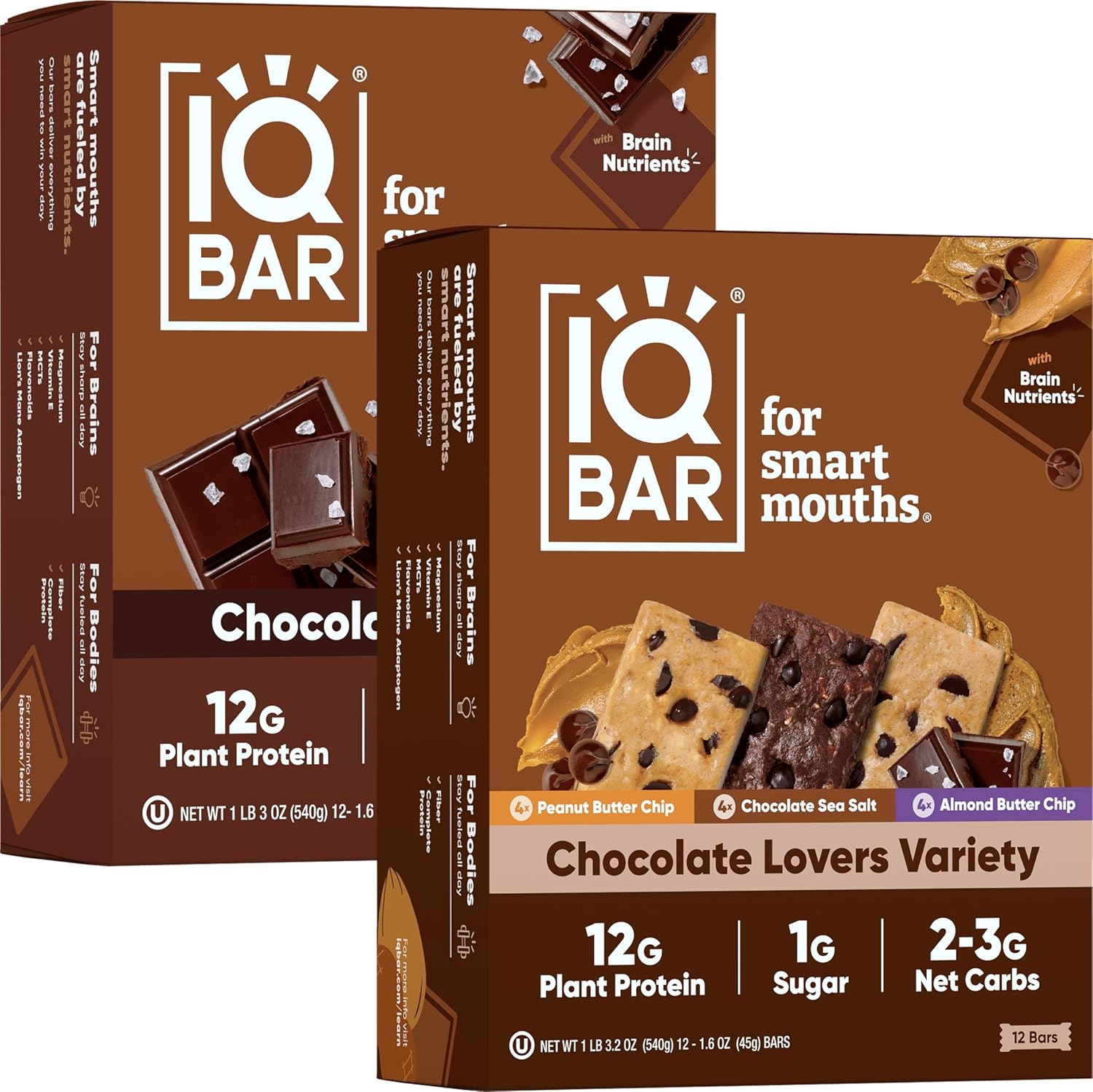 IQBAR Clean Plant Protein Bars - Chocolate Lovers Variety and Chocolate Sea Salt 12 Count Bundle - Keto, Vegan, High Fiber, Gluten and Dairy Free, Low Sugar Snack - Brain and Body Nutrients for Focus