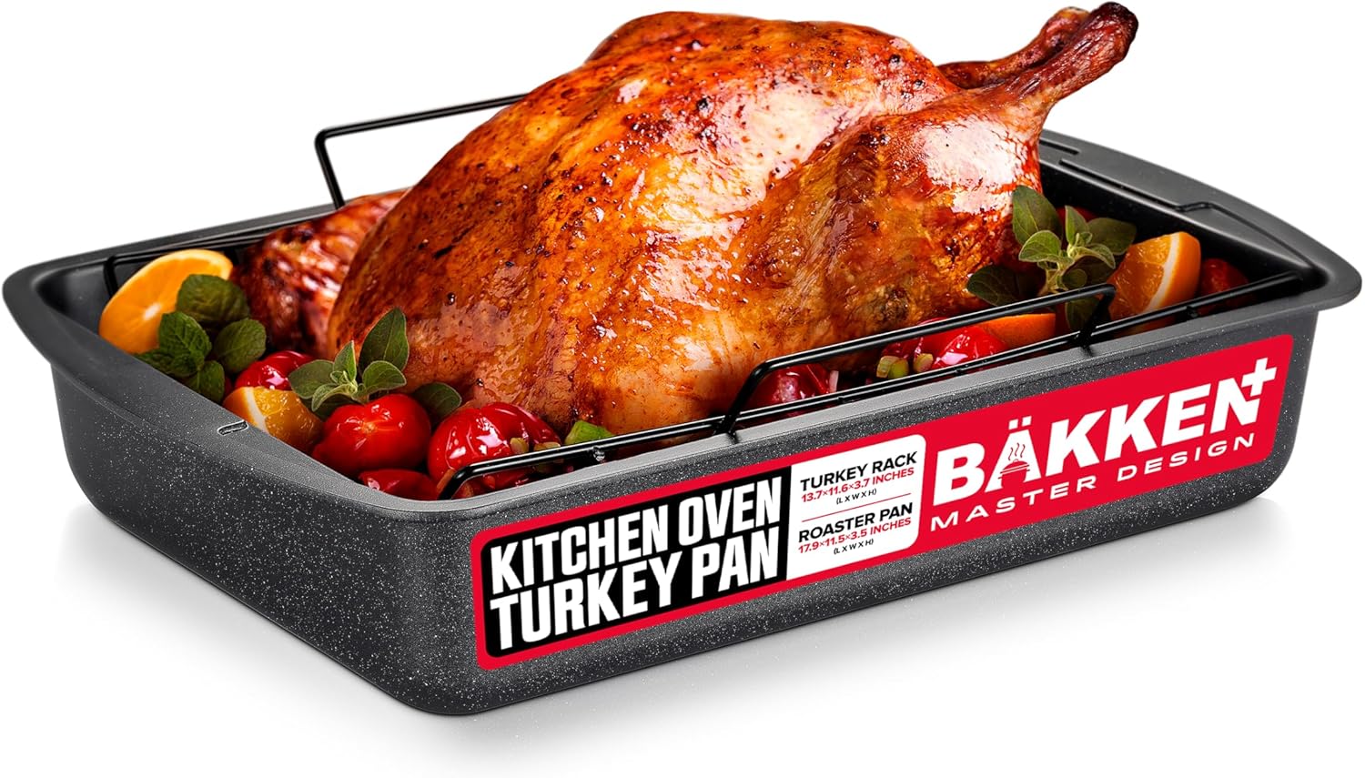 BAKKEN Nonstick Turkey Roasting Pan with Rack – 17 X 13 inch, Large Heavy-Duty Carbon Steel Roasting Pan, Wide Handles, Versatile for Baking, Grilling, & Roasting, Oven Safe Up to 450°F, Gray Marble