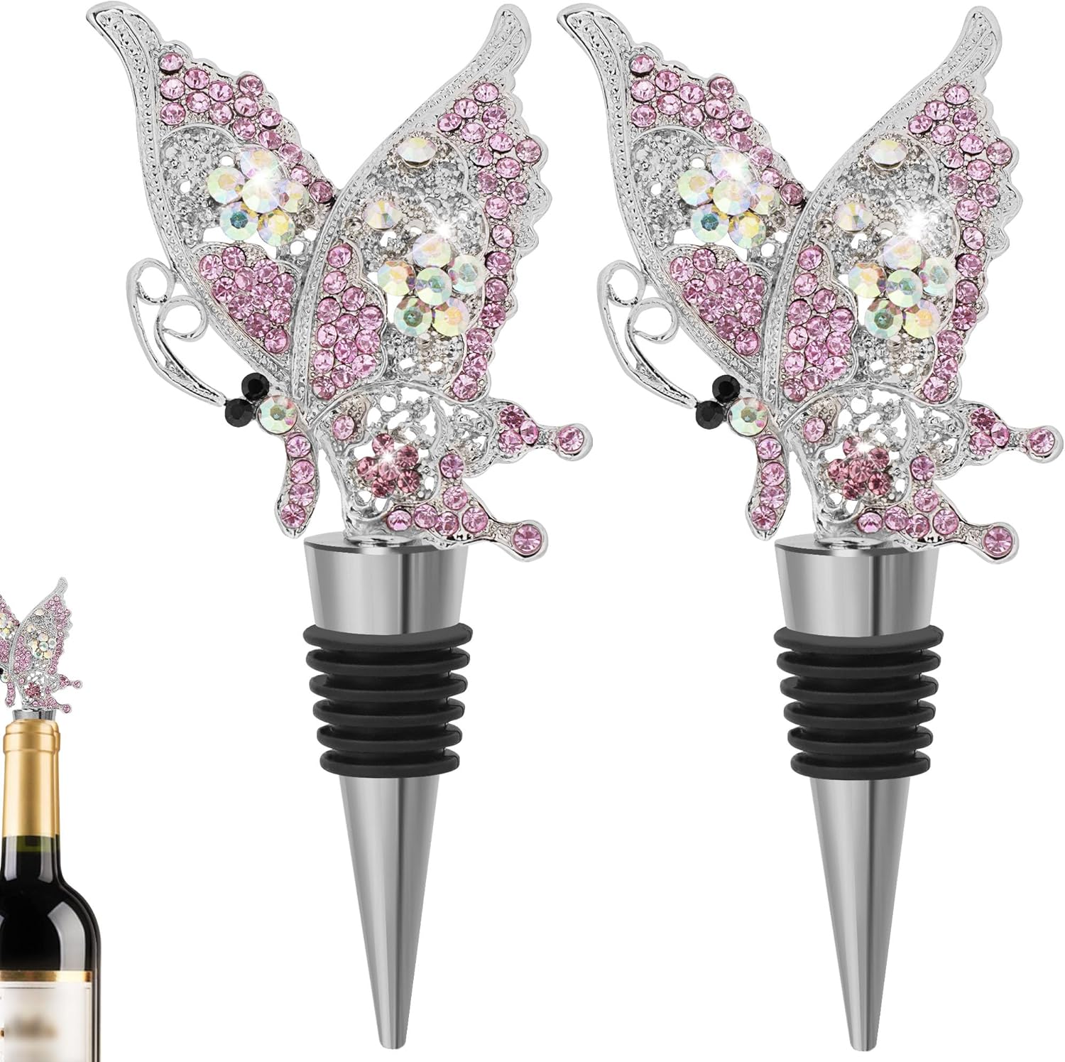SHIDOW Butterfly Wine Bottles, Wine Bottle Stoppers, Decorative Bottle Stopper, Crystal Diamond Wine Bottle Stopper, Reusable Wine Stoppers, for Wine Accessories for Gatherings Parties Weddings(2Pcs)
