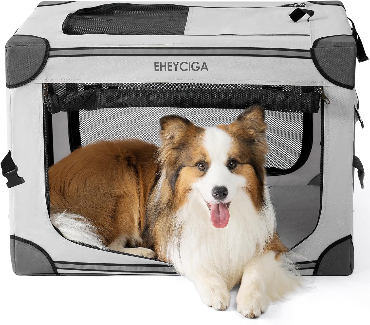 EHEYCIGA Collapsible Dog Crate 30 Inches, Portable Travel Crate for Medium Dogs, Soft Foldable Pet Kennel with 4-Door Mesh Windows Indoor & Outdoor, Grey