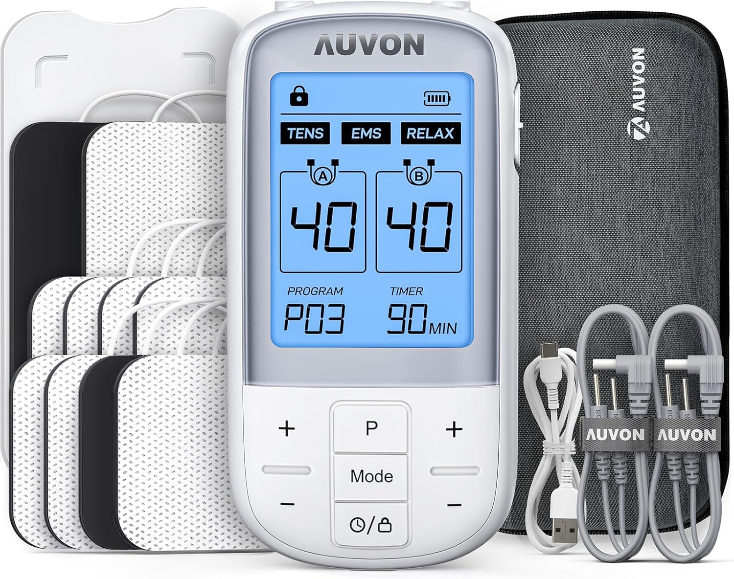 AUVON 3-in-1 TENS Machine for Pain Relief with 32 Modes & 40 Intensities, Dual Channel TENS Unit Muscle Stimulator & EMS, Relax Machine with EVA Travel Case, 10 Pcs TENS Unit Electrodes Pads