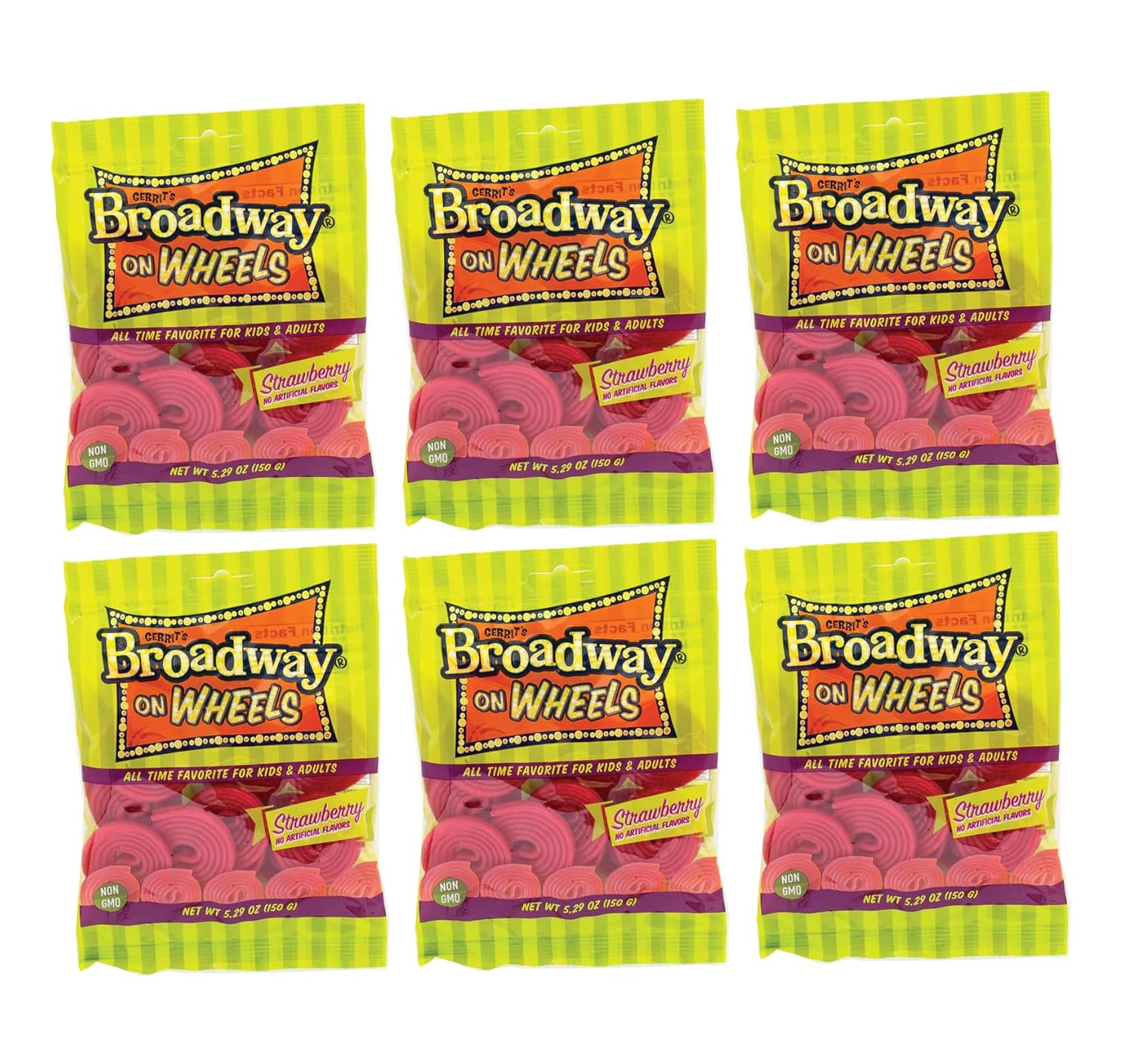 Broadway Strawberry Wheels Pack of 6 (5.29 oz Bag) Juicy & Twisted Strawberry Flavor in a Bulk King of Sweets Bag