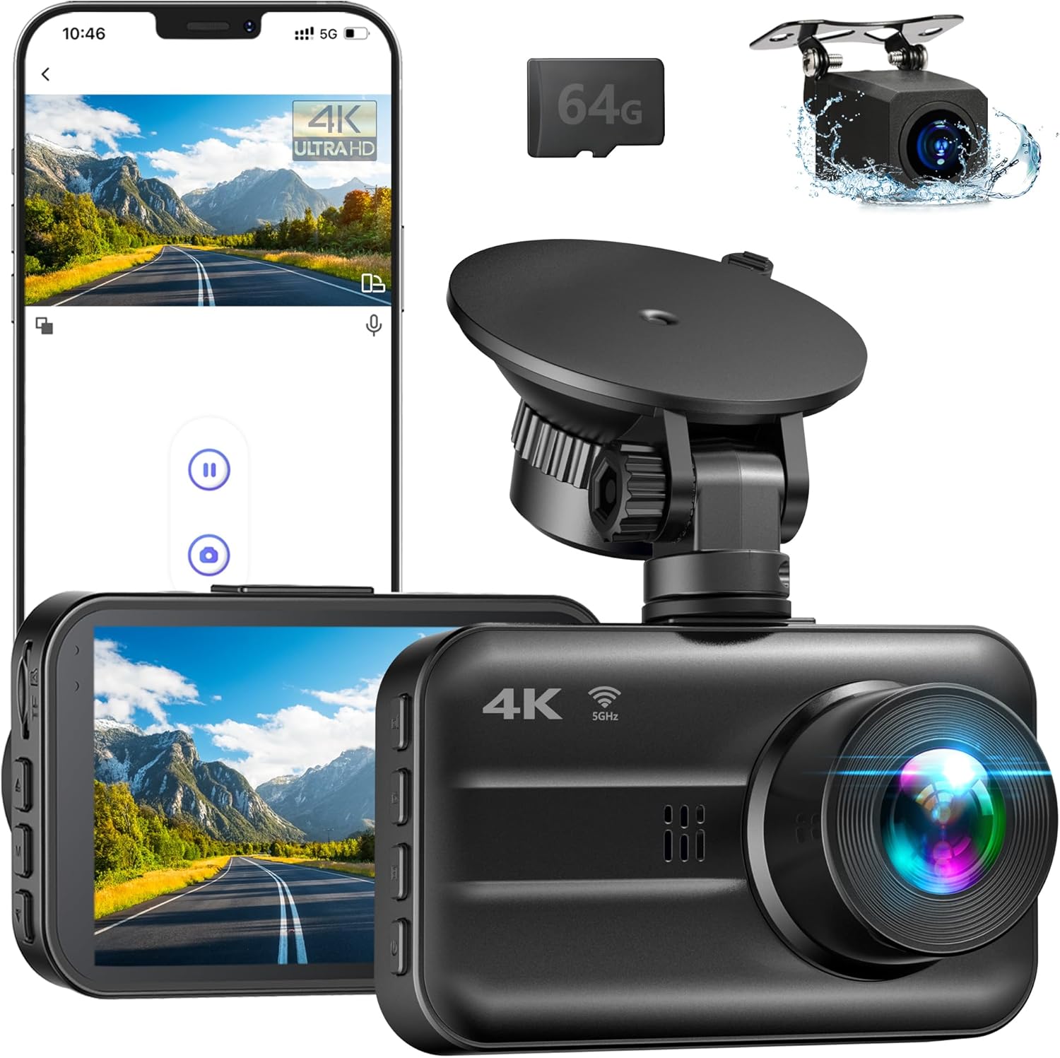 Dash Cam Front and Rear, 4K+2K Ultra HD Dash Cam Included 64GB SD Card Built-in WiFi,170°Wide Angle,Super Night Vision Dashcam, 24H Parking Mode, G-Sensor, Loop Recording Car Camera