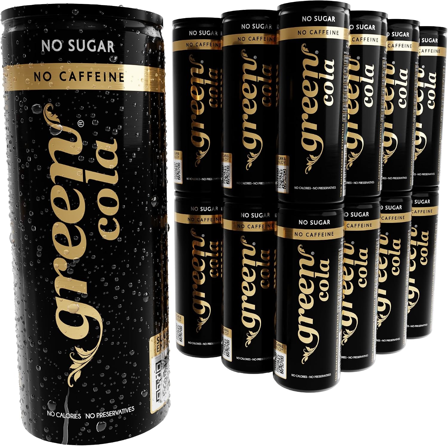 Green Cola Caffeine-Free Soft Drink - Sugar-Free, Zero Calorie Fizzy Drinks Sweetened with Stevia - No Aspartame - Healthy Alternative Cans of Pop 24 Pack (330ml x 24)