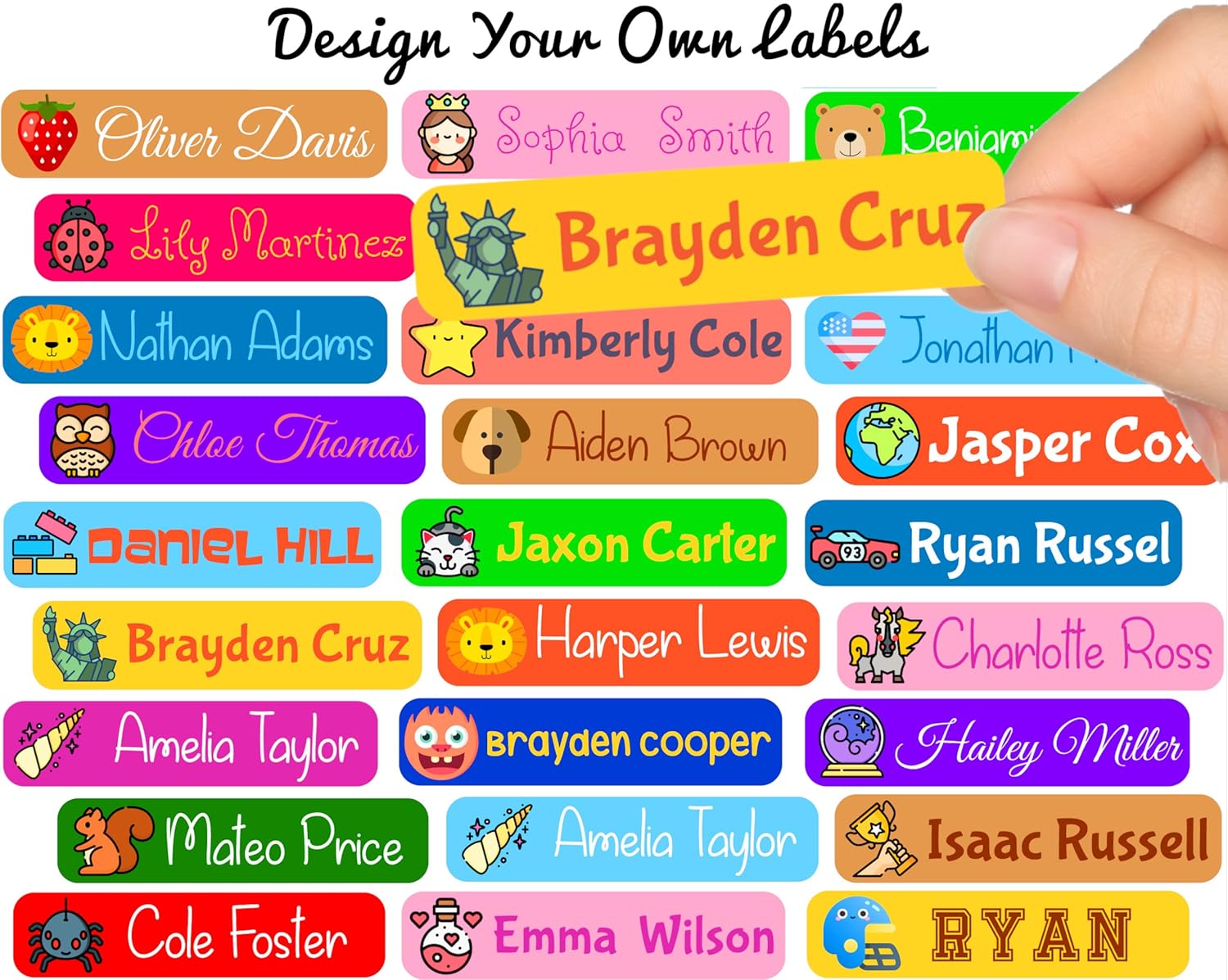 100 x Customized Name Labels Perfect Kids Daycare and School Supplys Tag Labels Cute Children's Name Label Pack - Waterproof Safe Multi