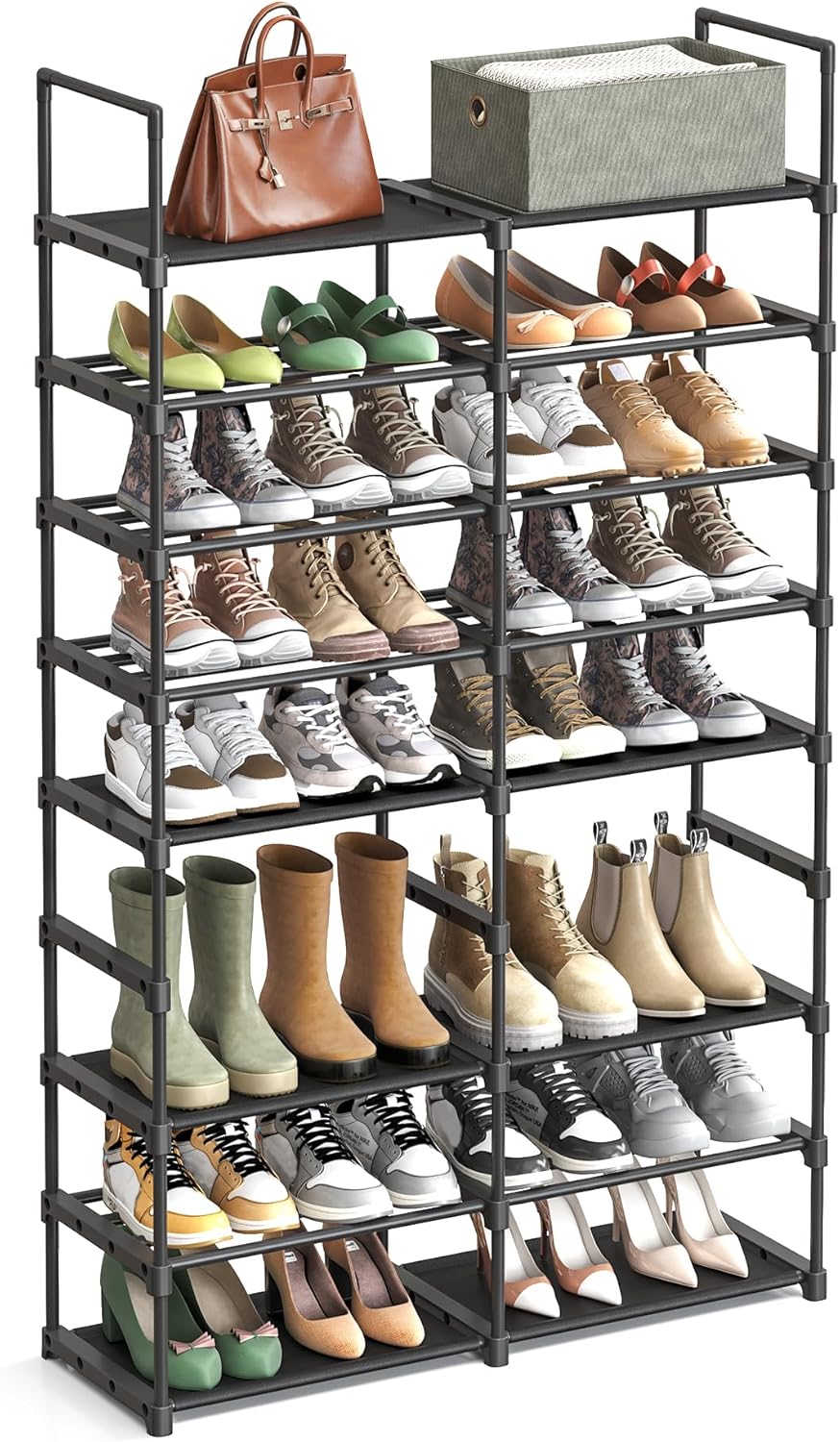 SONGMICS Adjustable Shoe Rack, 8-Tier Shoe Organiser, Shoe Storage Shelf, Steel Tubes and Non-Woven Fabric, Holds up to 32 Pairs, Space-Saving, for Entryway, Closet, Garage, Ink Black LSA219B01