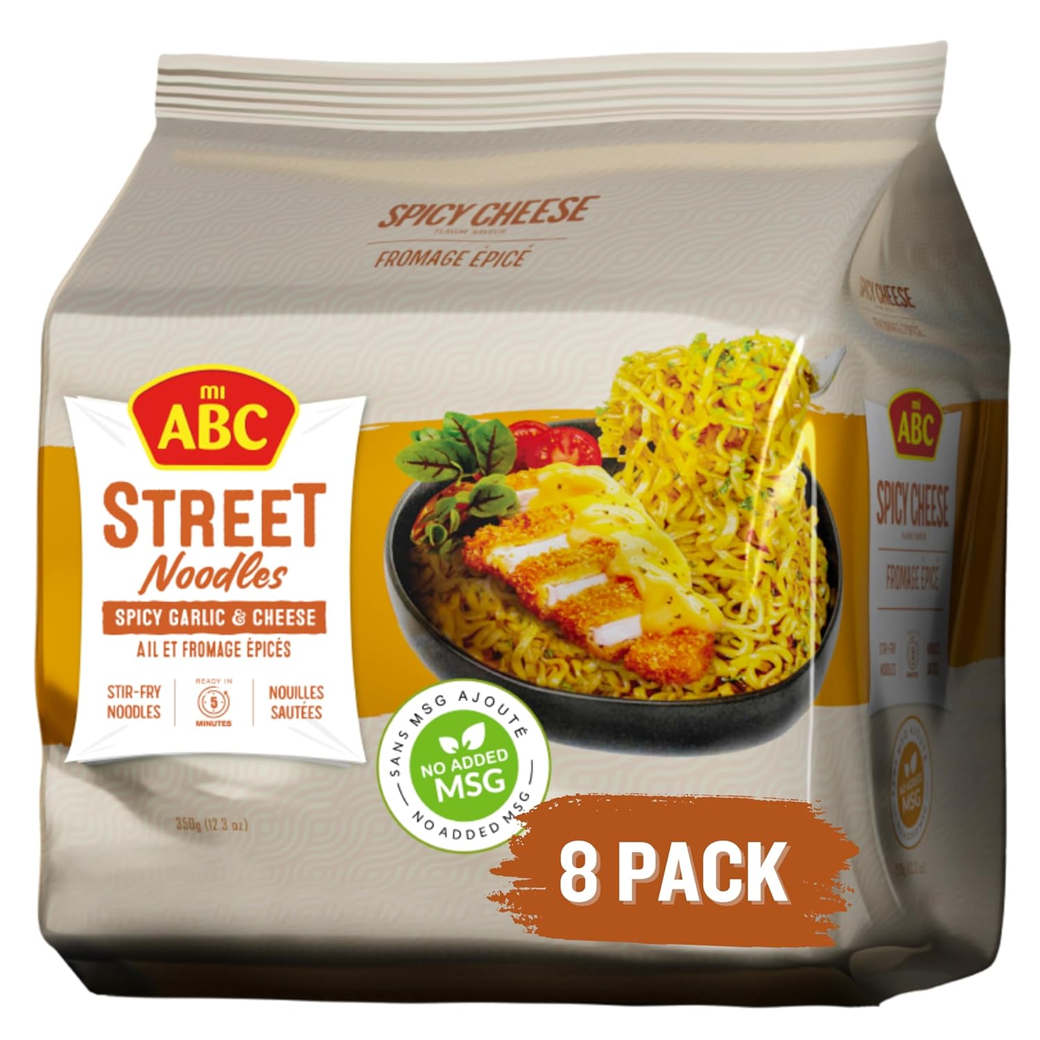ABC Spicy Garlic & Cheese Street Noodles, 12.3 Oz (Pack of 8), Creamy, Spicy & Cheesy Stir-Fry Instant Ramen, 9g Protein, No MSG, No Artificial Flavors or Colors, Halal
