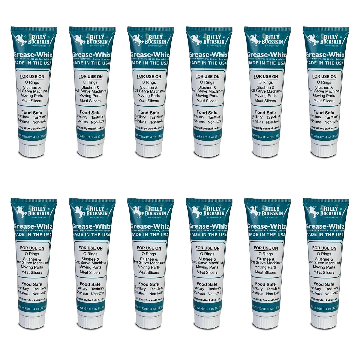 12 x 4 Oz. Tube Grease Whiz Plus by Billy Buckskin Co., Commercial Food Grade Grease for Food Service Equipments, O-Rings for Ice Cream Machine & Slushee Machines, Mixers, Beer Keg, Sliding Glass Door