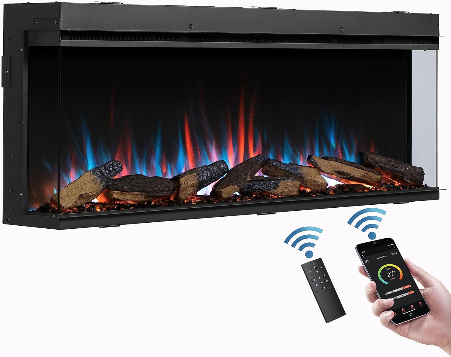 FLAMME Knighton 130cm/51" 3-Sided Electric Media Wall Fire, Recessed TV Media Wall, Multiple Flame Colours, Sound Effects and APP Control