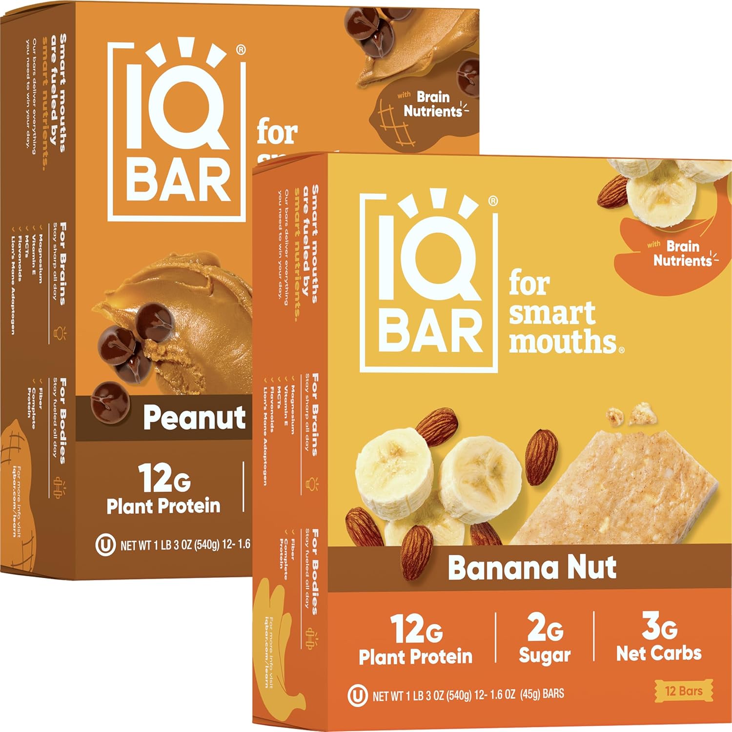 IQBAR Brain and Body Keto Protein Bars - Peanut Butter Chip and Banana Nut - 12 Count Energy Bars - Low Carb Protein Bars - High Fiber Vegan Bars Low Sugar Meal Replacement Bars