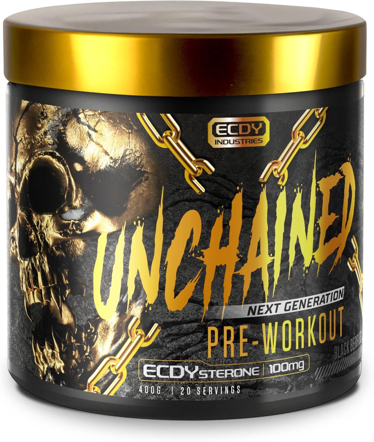 UNCHAINED® - Pre Workout Booster with Ecdysterone | 20 Servings (400g) with Caffeine | L-Arginine, L-Citrulin-Malate, Beta-Alanine + 14 Other Active Ingredients | 100% Focus & Energy | Black Berries