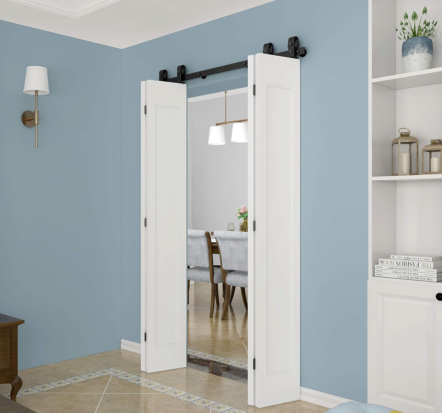 DIYHD 63in Bi-Folding Sliding Barn Door Hardware,1 Piece Sliding Track Top Mount Roller,Kit for 4 Doors(NO Door),Fit MAX Door Width 59in,Rustic Black