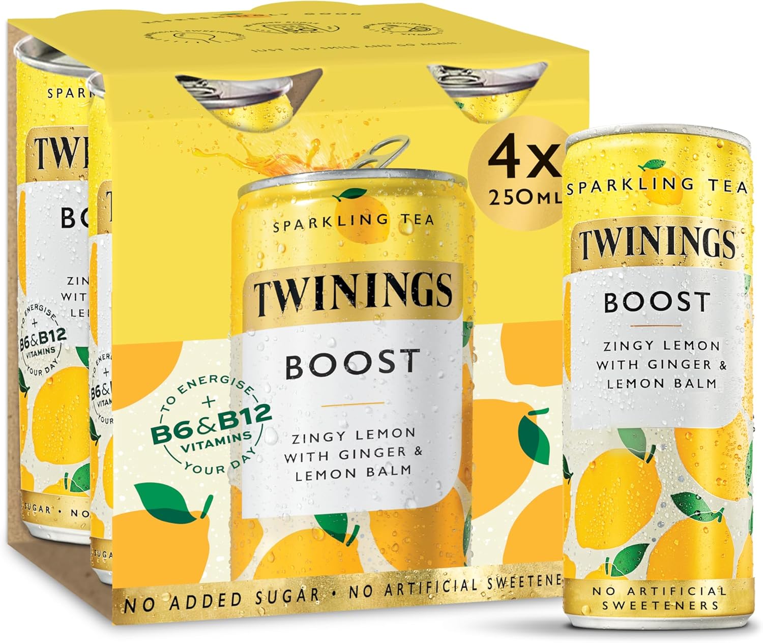 Twinings Boost - Lemon and Ginger Flavoured Sparkling Tea-Refreshing Fruity Beverage(4X250ml Cans)-No Added Sugar, Low in Caffeine/Calorie, Healthy Alternative,Antioxidant Rich,Vegan,Gluten Free