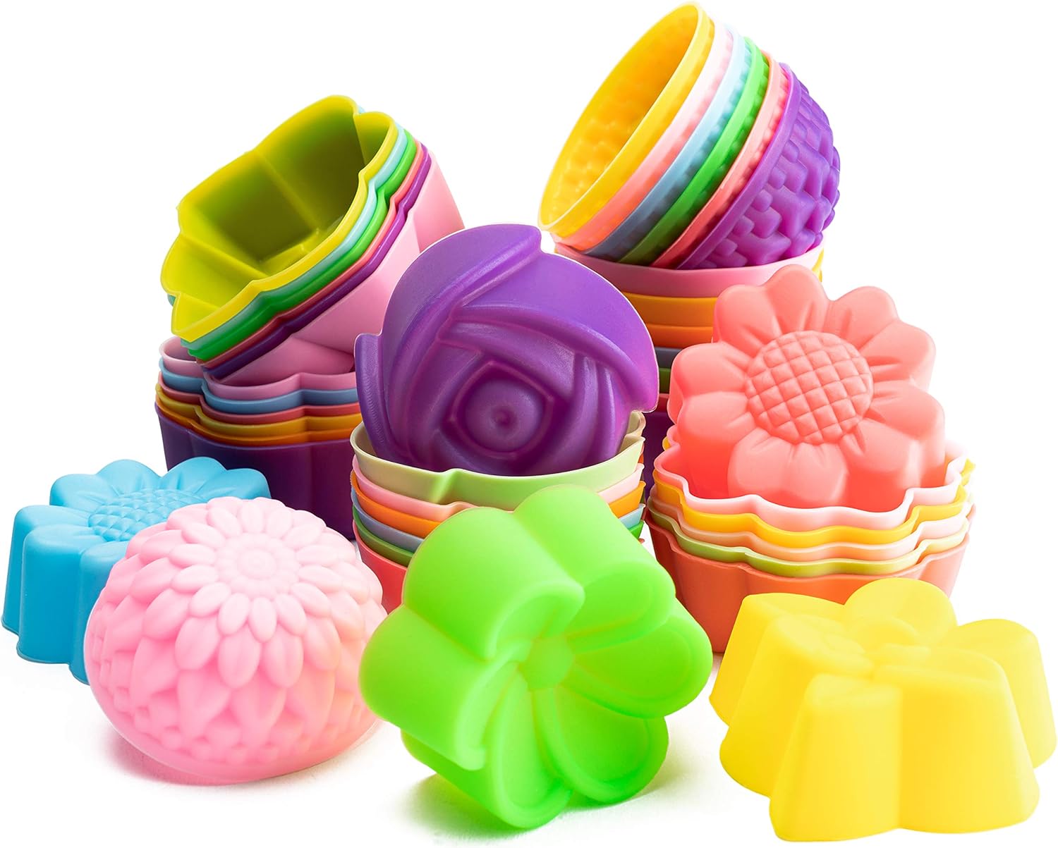 R HORSE 42Pcs Silicone Molds Cupcake Multi Flower Shapes Baking Cups Molds Non-Stick Donut Wrapper Molds Muffin Molds Washable for Pan Oven Microwave Dishwasher (2 x 0.8 Inch)