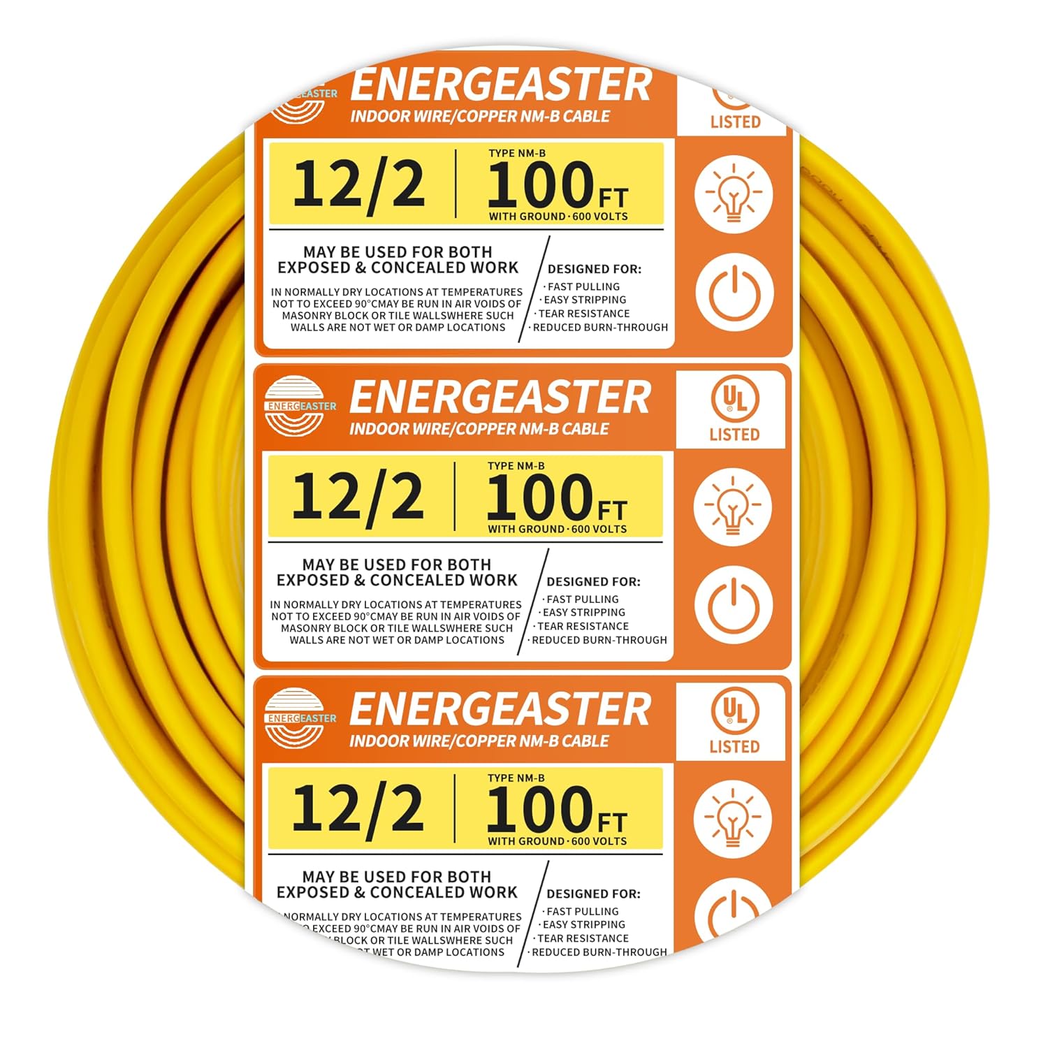 Solid Indoor 12/2 W/G NMB Cable 100ft Coil，Electrical Wire 12 Gauge Wire 2 Conductors Non-Metallic with Ground Wire(Yellow)
