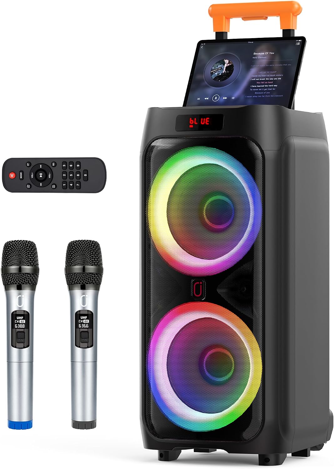 JYX Karaoke Machine with 2 Wireless Microphones, 24" Big Portable Bluetooth Speaker for Adults with RGB Light PA System Treble & Bass 500W, Support TWS/USB/AUX/TF Card/REC, for Home Party Outdoors