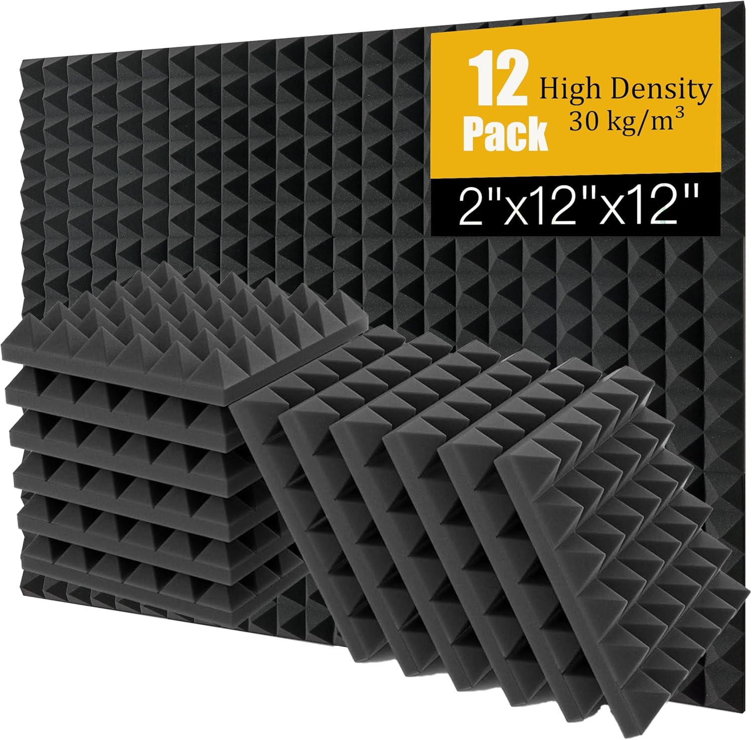 Acoustic Foam Panels 12 Pack 2" x 12"x 12" Pyramid Saiqiang Sound Panels Noise Reducing for Walls Black Soundproof Foam Absorbing Fire-Resistant Soundproofing High Density for Studio, Gaming Room