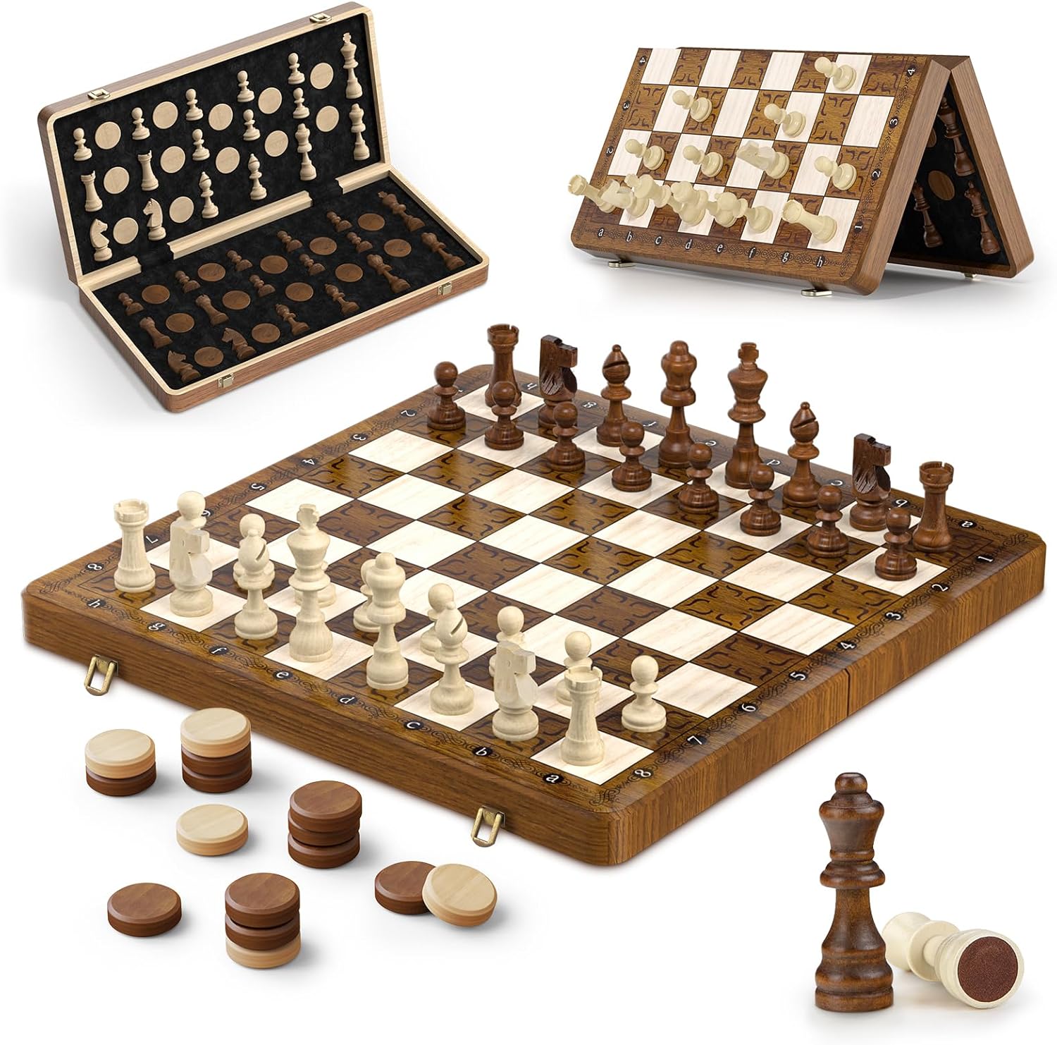 Chess Set and Checkers 16''x16'' - Wooden Magnetic Chess Board with 2 Extra Queen & Storage Slots, Folding Travel Chess Set, Educational Board Game Gift for Adults & Kids