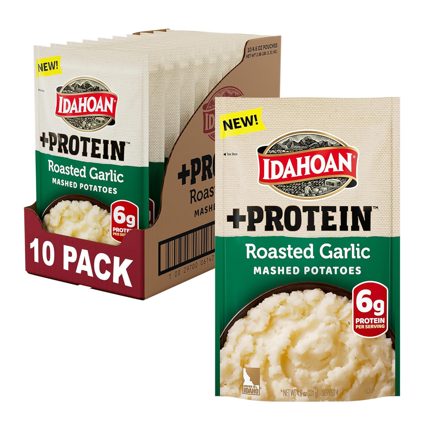 Idahoan Roasted Garlic +Protein Mashed Potatoes, Naturally Gluten-Free, 100% Real Idaho Potatoes, 4 servings per bag, 4.6 ounce (Pack of 10)