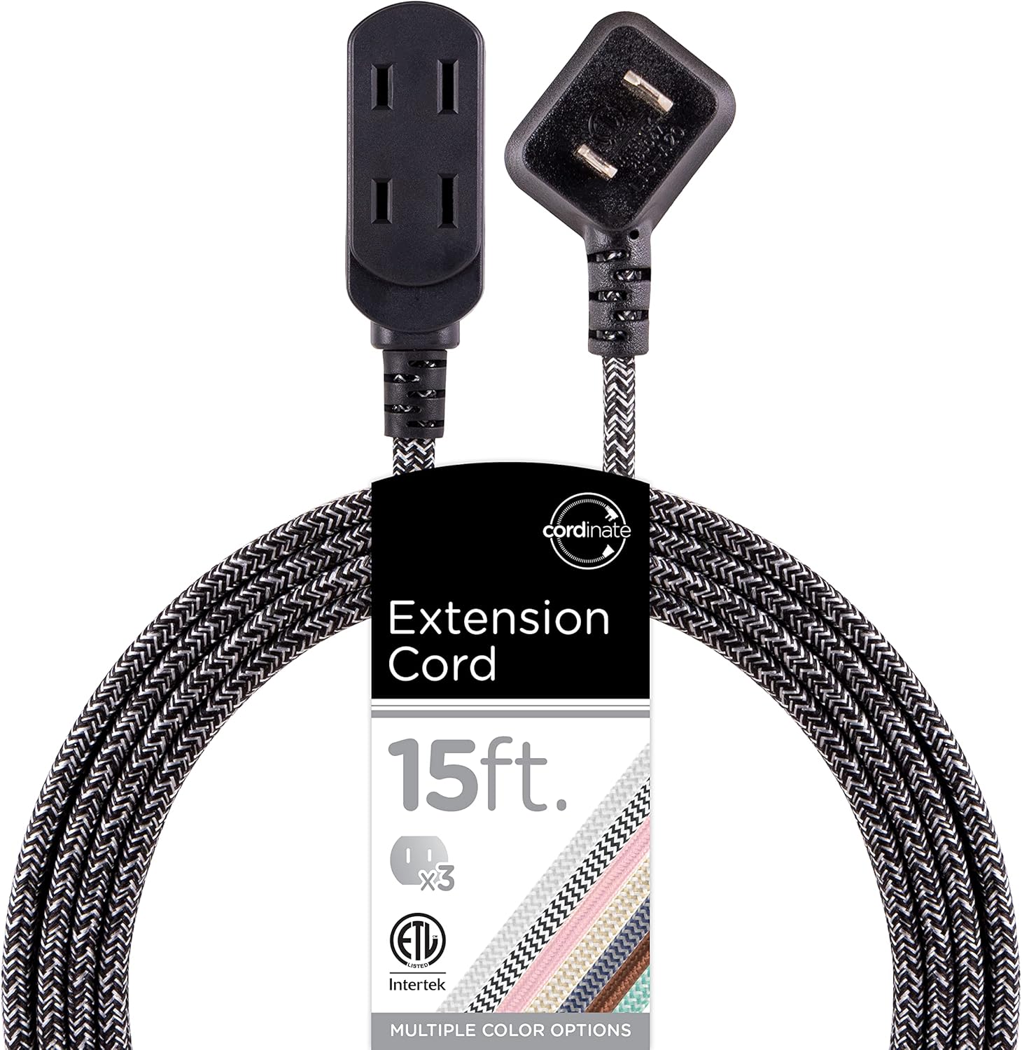 Cordinate Extension Cord, 15 Ft, 3-Outlet Flat Plug Extension Cord, Braided Extension Cord with Multiple Outlets, 2 Prong Extension Cord, Safety Slide 125V Long Extension Cord, 1 Pack, Gray, 43438-T1