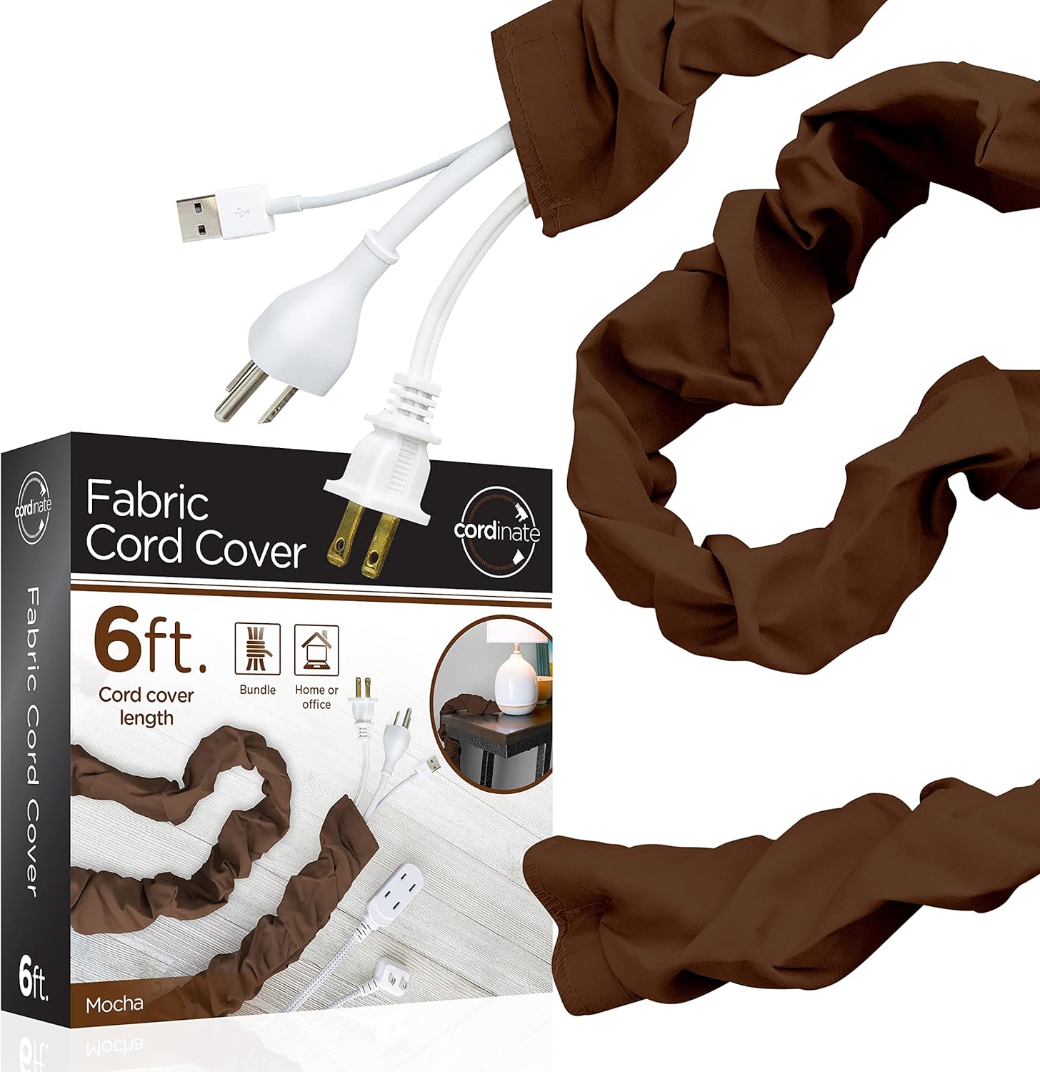 Cordinate Fabric Cord Cover, 6 Ft, Cable Management and Hider, Easy Installation, Great for Lamps, Light Fixtures, and Desks, Mocha Brown, 40728