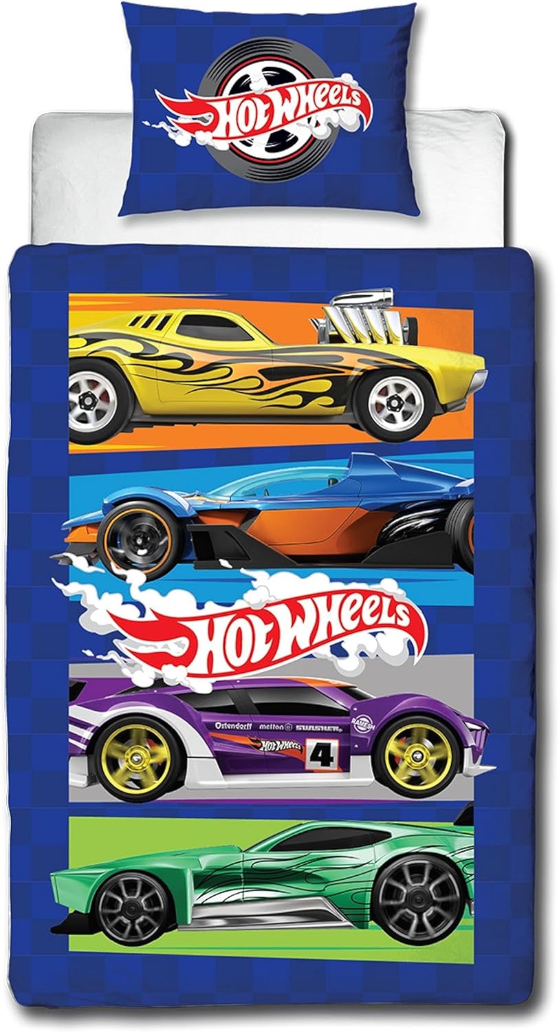 Hot Wheels Officially Licensed Beast Design Single Duvet Cover Set | Reversible 2 Sided Cars Bedding Including Matching Pillow Case | Perfect For Kids Bedroom | Polycotton, Blue
