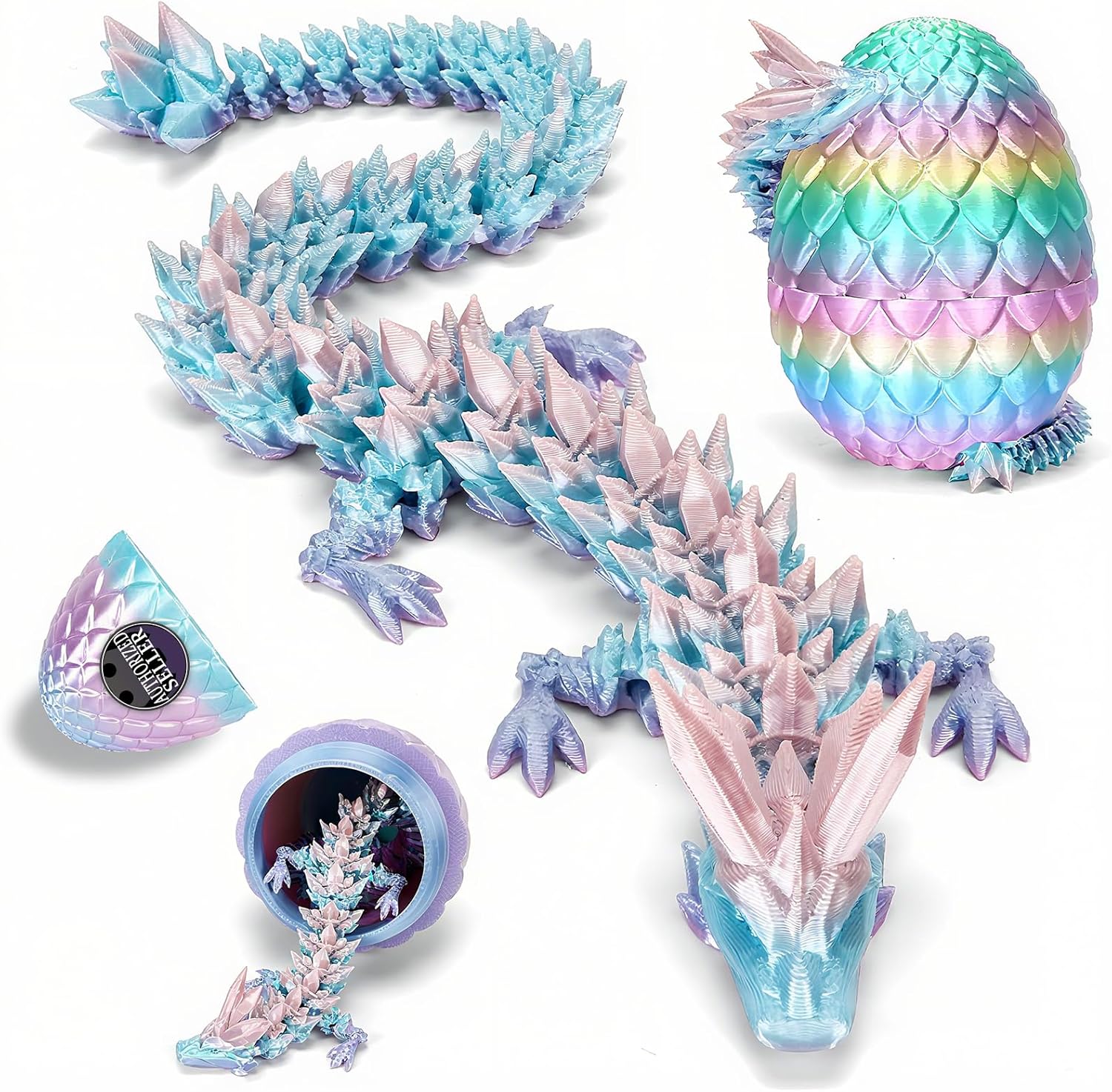 3D Printed Dragon Egg, Mystery Articulated Crystal Dragon Egg Fidget Toys, 3D Print Surprise Animals Toy for Kid Teen Boy Girls (Rainbow Color)