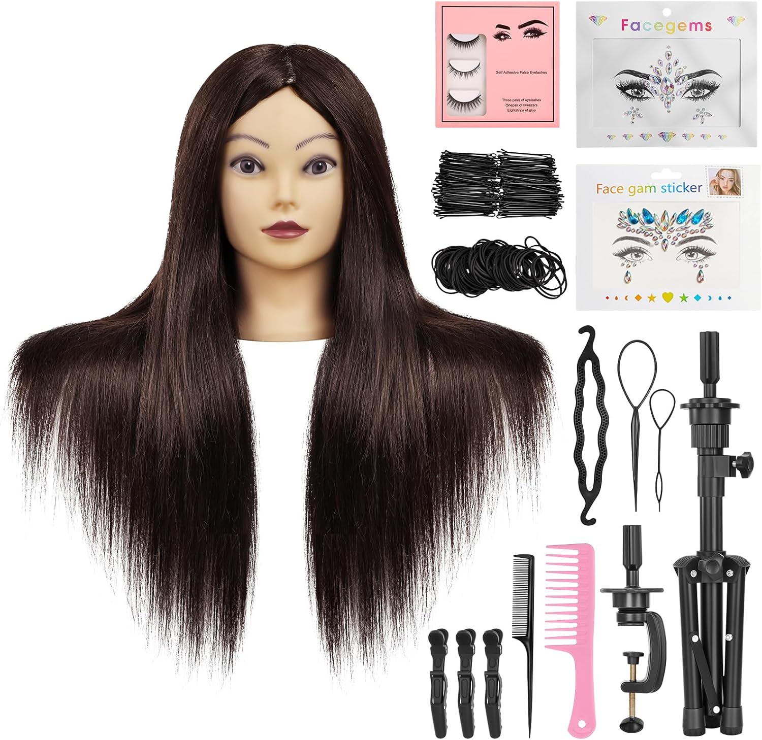 Hairdressing Head with Tripod Stand, Hair Mannequin Head with 90% Real Hair 23Inch/58Cm, Doll Head for Hair Styling, Cosmetology&Training, Styling Head with table clamp Holder, Dark Brown