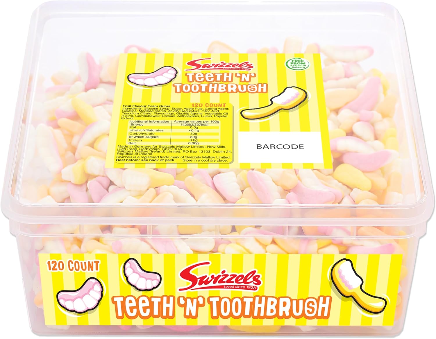 Swizzels Sweet Tubs Sweet Teeth N Toothbrush Foam Gums Fruit Flavour Gums Sharing Tub of Sweets Free From Artificial Colours 120 Sweets Approximately