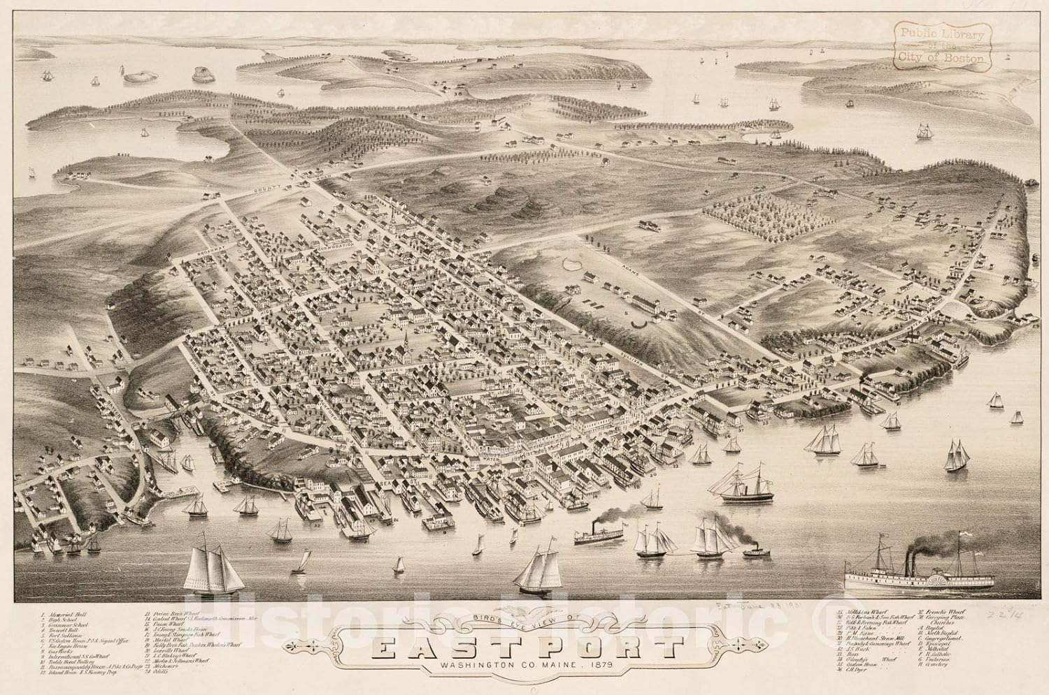Historical Map, 1879 Bird's Eye View of Eastport, Washington Co, Maine, Vintage Wall Art : 61in x 44in