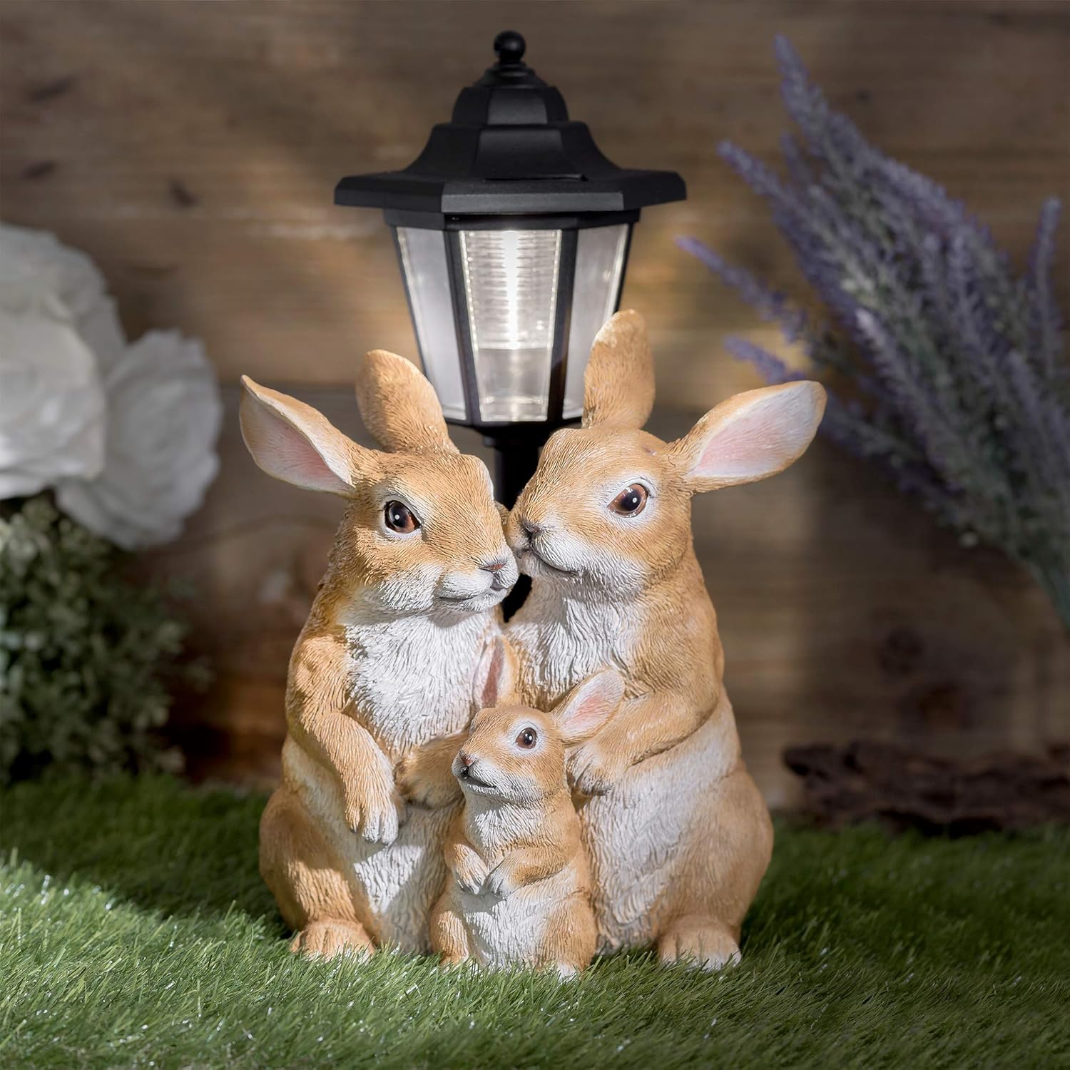 GloBrite Solar Rabbit Family with Lantern Post Light – Resin Garden Ornaments Outdoor Use - Solar Garden Lights for Yard, Patio, Lawn– Charming Animal Figurines