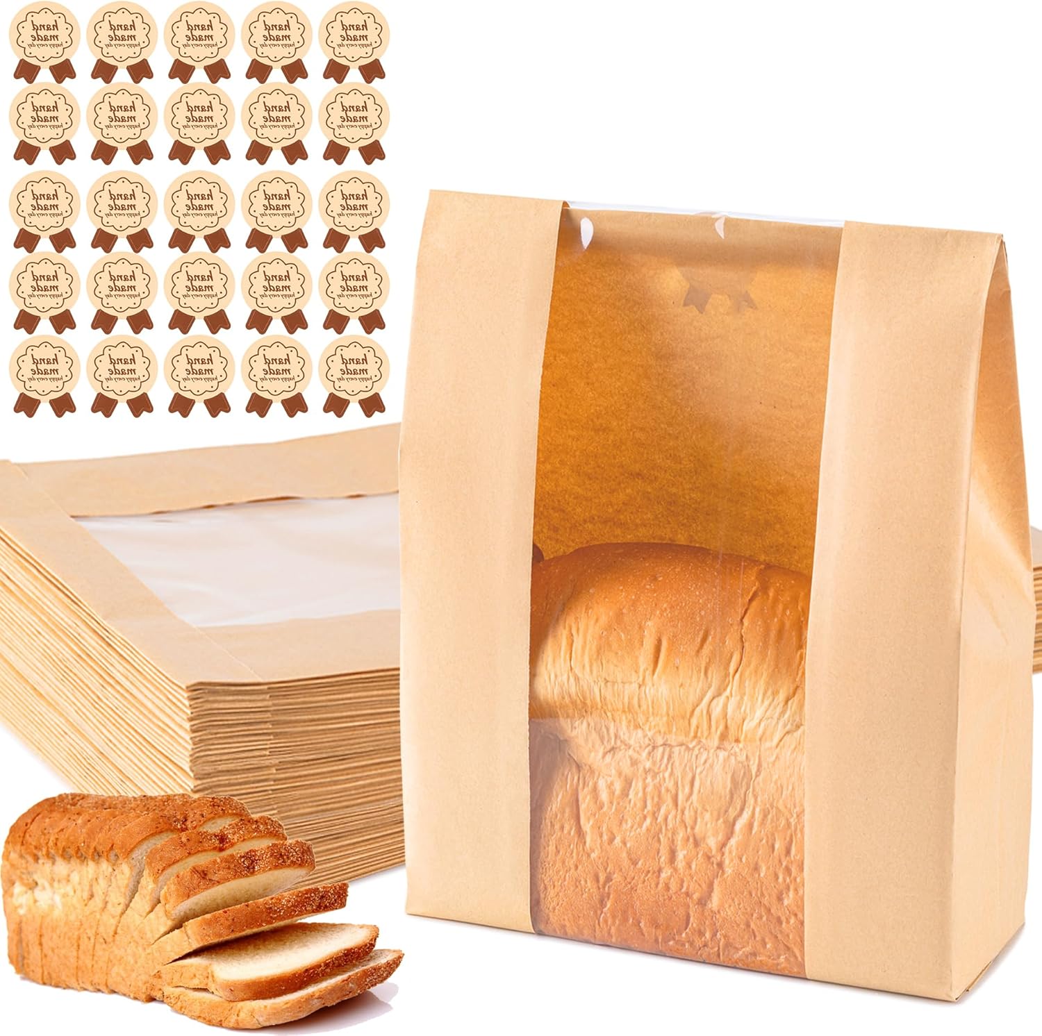 Paper Bread Bags 25PCS, Sourdough Bread Bags for Homemade Bread, Large Bakery Bags with Window Includes 25PCS Label Seal Stickers for Homemade Bread Storage(13.7x8.3x3.5 inch)