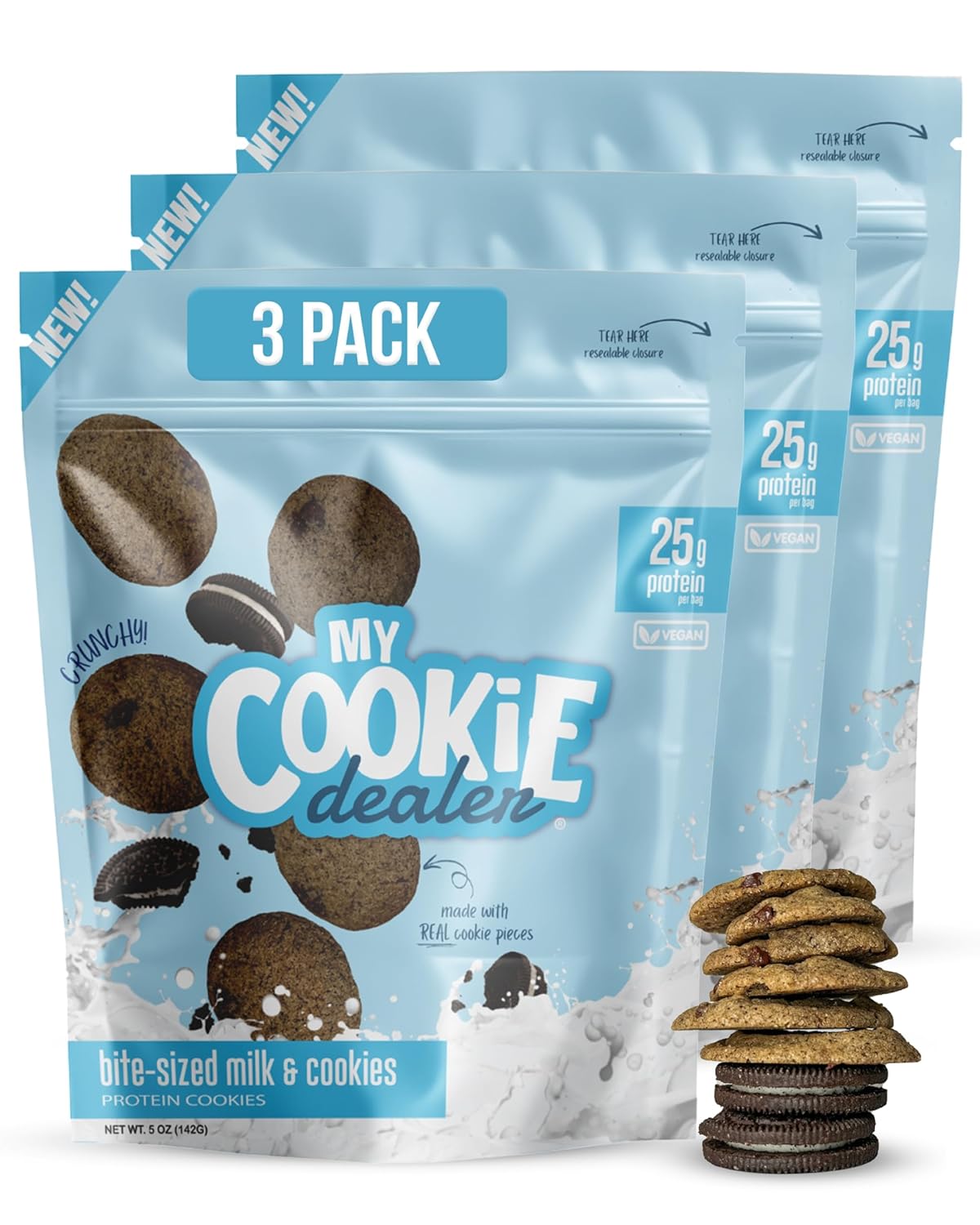 My Cookie Dealer Protein Cookies, Bite-Sized Crunchy Milk & Cookies (5oz, Pack of 3) - 25g Protein per Bag - Individually Wrapped Workout Snacks for On-The-Go Travel, Vegan