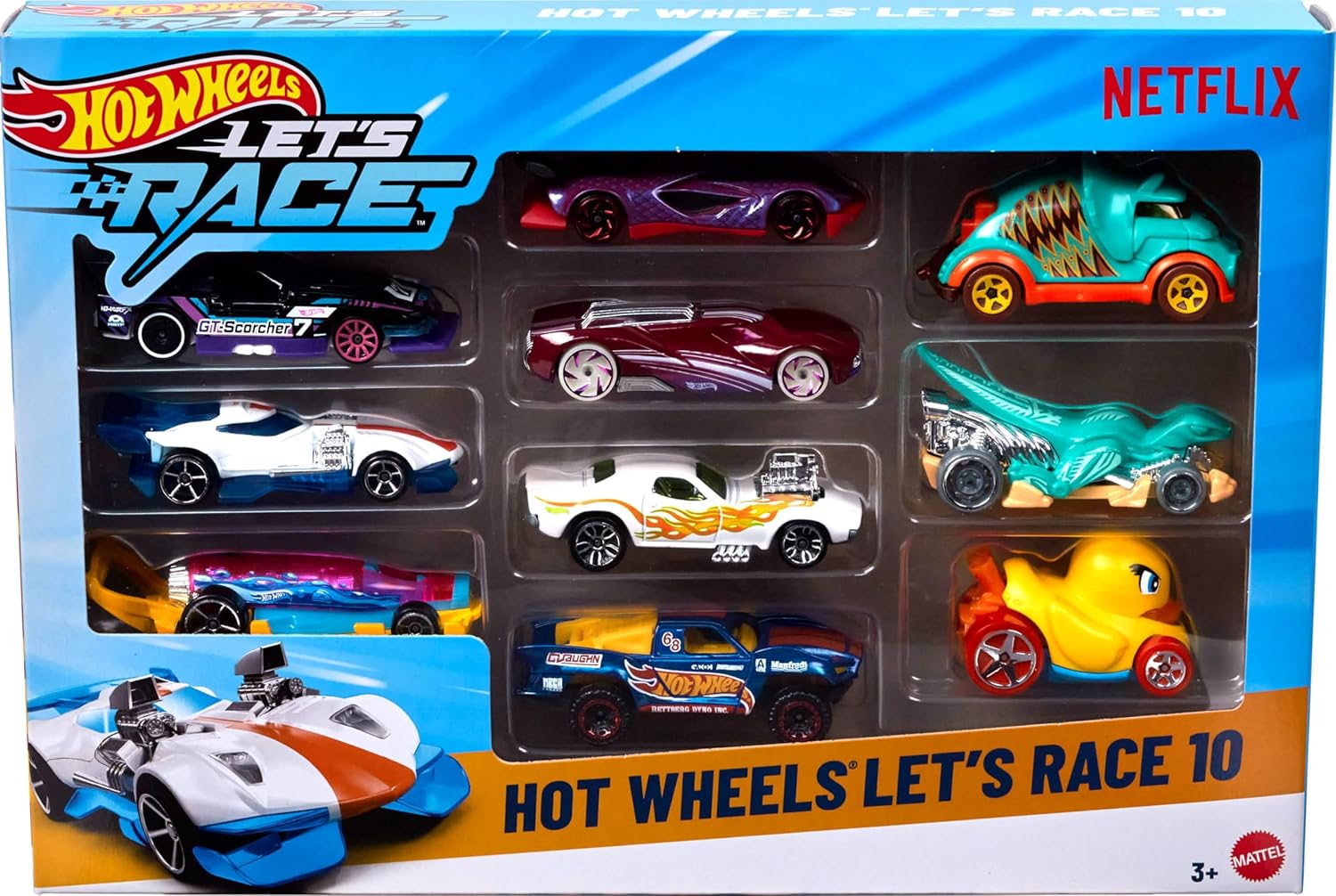 Hot Wheels Toy Cars & Trucks, Let’s Race 10-Pack, Set of 10 1:64 Scale Vehicles from The Animated Netflix Show for Play or Display (Styles May Vary) (Amazon Exclusive)