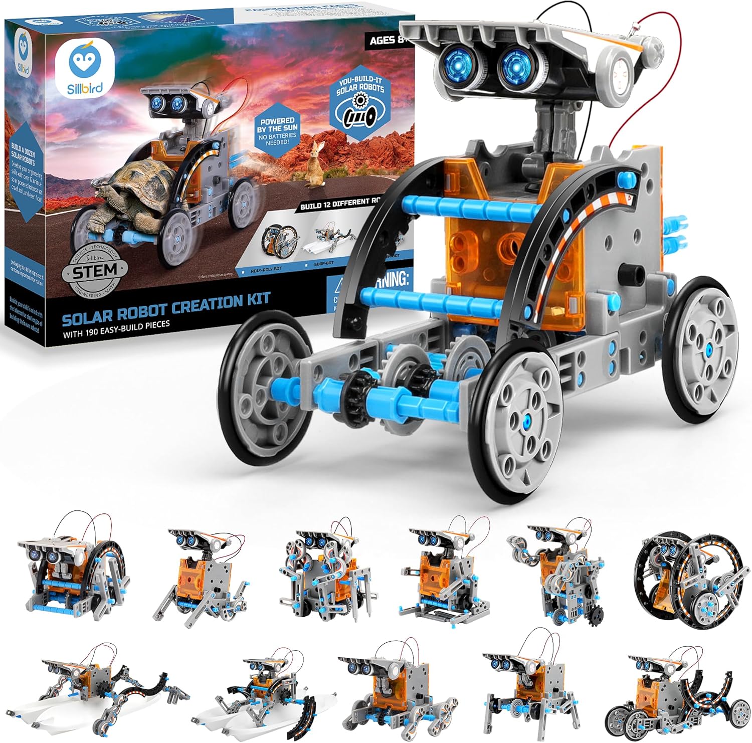 Sillbird STEM 12-in-1 Education Solar Robot Toys-190 Pieces DIY Building Toy Construction Science Experiment Engineering Kit for kids toys gifts for boys girls Aged 8 9 10 11 12+