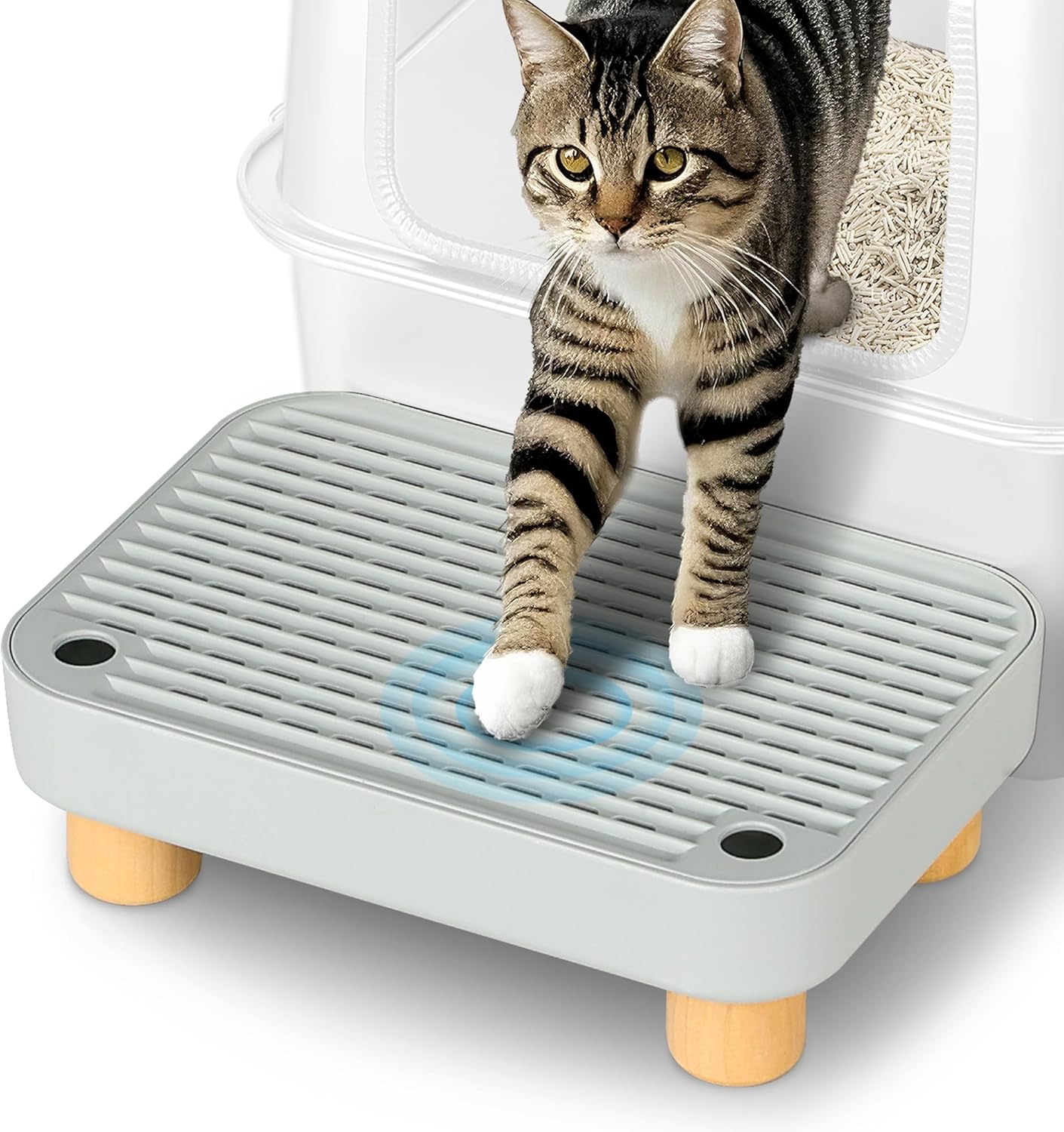 Litter Box Step, Litter Box Ramp/Catcher with Wooden Base, Anti-Tracking & Easy to Clean, Ideal for Small & Elderly Cats (Grey)