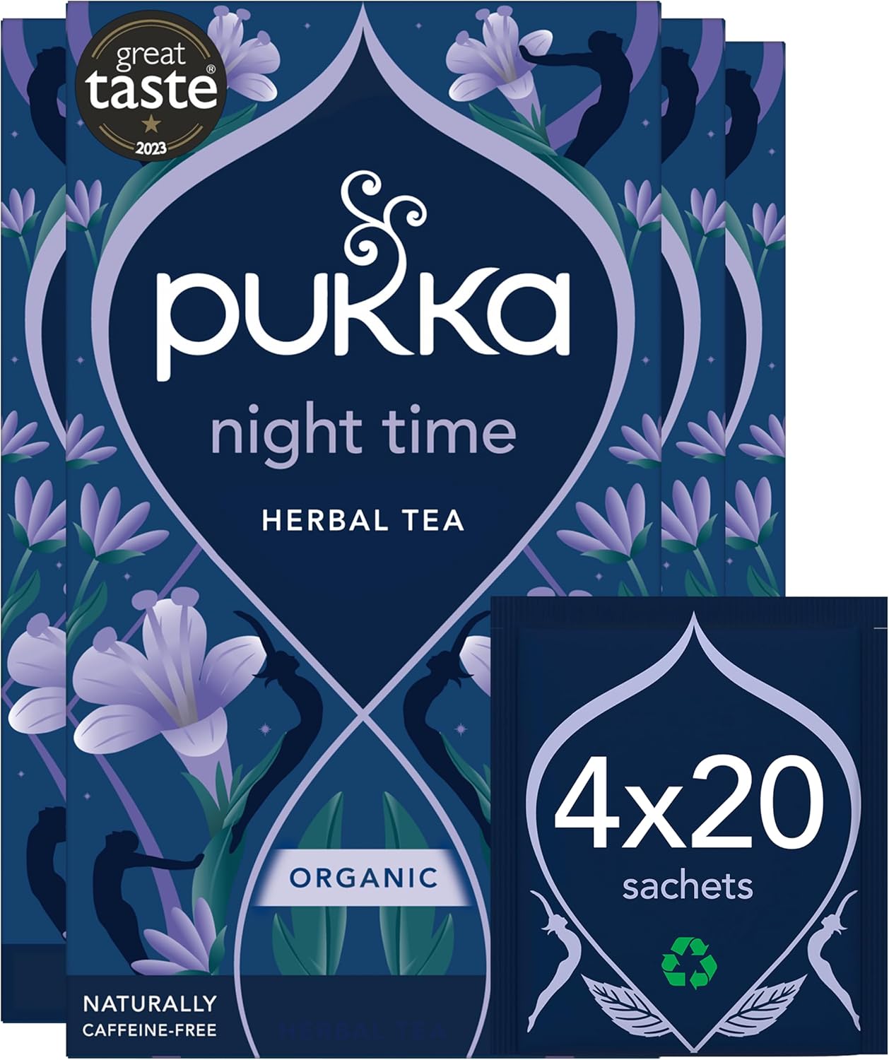 Pukka Herbs, Night Time Organic Herbal Sleep Tea Box, Chamomile, Lavender, Oat Flower, & Limeflower, Natural For Bedtime Relaxation, Caffeine Free, 4 Packs, 80 Plant Based Biodegradable Tea Bags