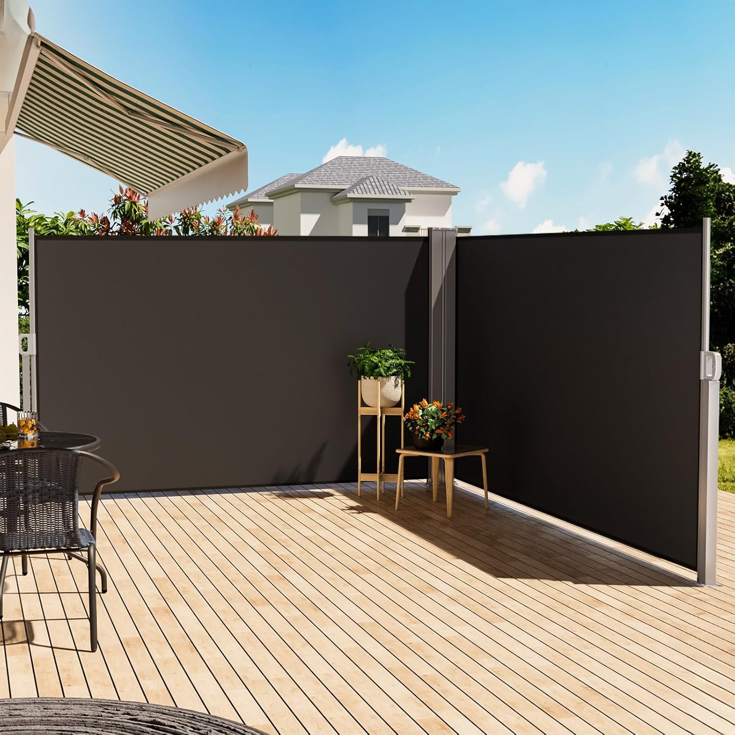 The Fellie Retractable Side Awning 8M, Double Pull-Out Side Privacy Garden Screening, Sun And Rain Protector Outdoor Screen Fence Panels For Patio, Pool, Terrace Balcony Divider, Dark Grey, 8 X 1.8M