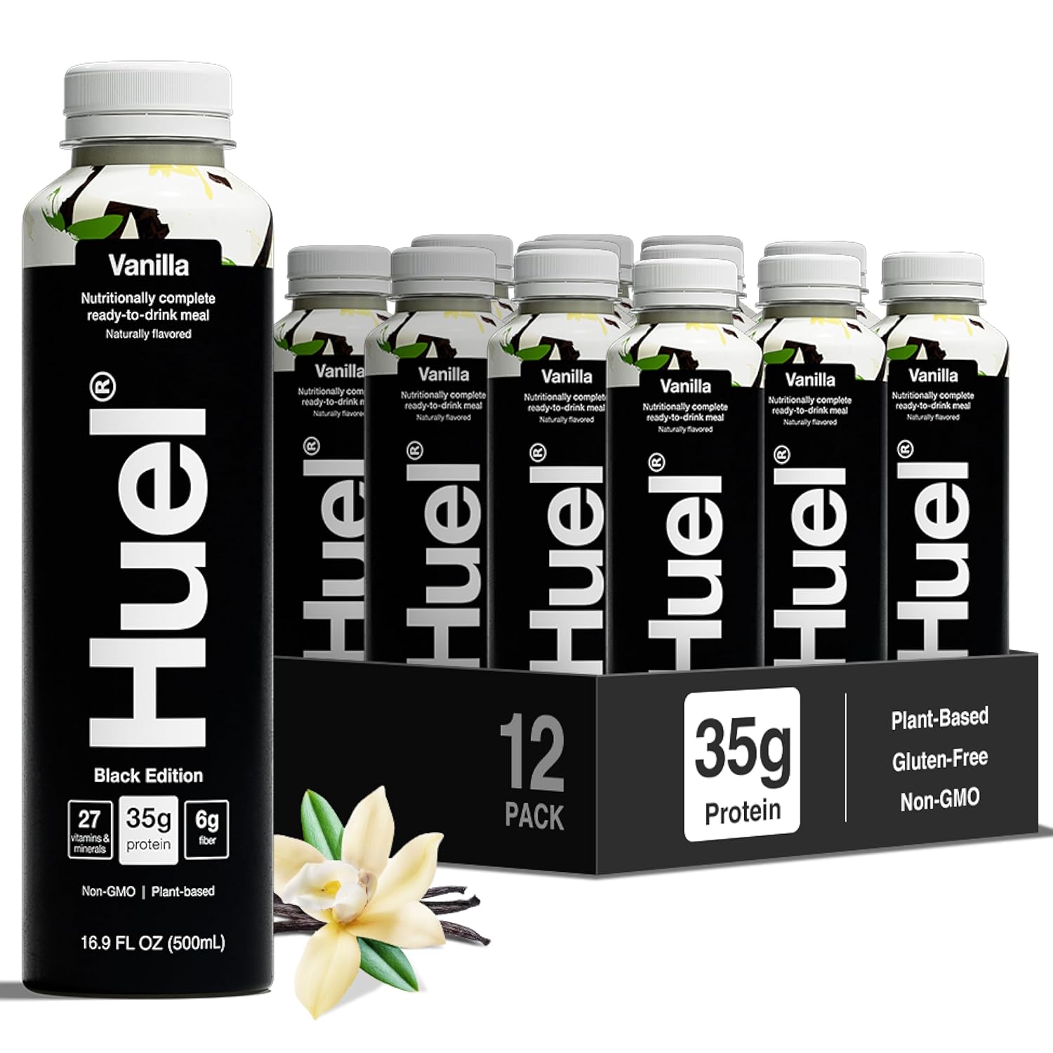 Huel Black Edition Ready-to-Drink | Vanilla Meal Replacement Shake | 35g High Protein Drink | 27 Vitamins & Minerals, Vegan, Gluten Free | Plant Based | High Fiber, Low Sugar | 16.9 Fl Oz, 12 Pack