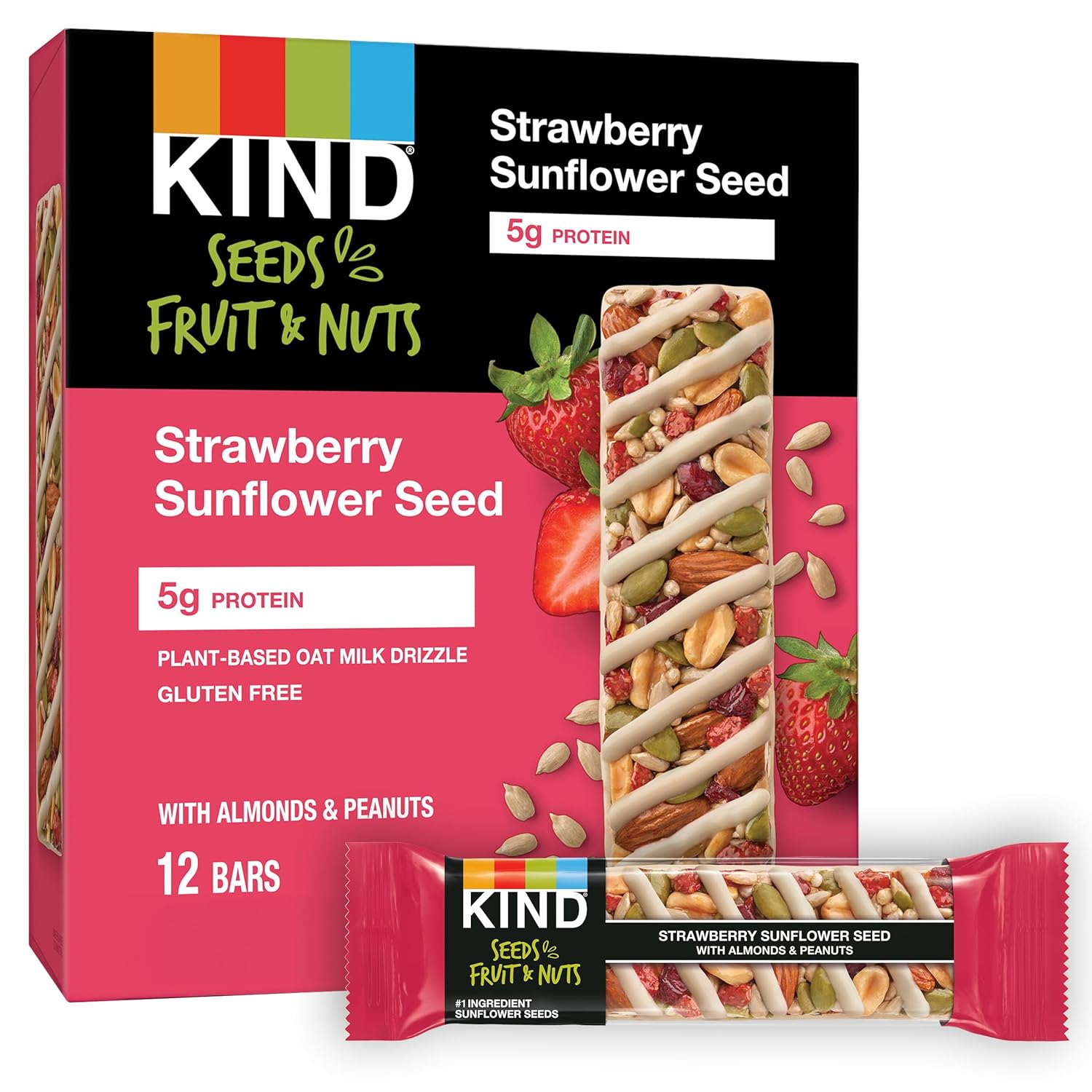 KIND Seeds Fruit & Nuts Snack Bar, Strawberry Sunflower Seed | 5g Protein, High Fiber, Gluten Free Bars, 1.4 OZ, 12 Count
