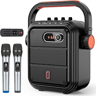 JYX Karaoke Machine with 2 UHF Wireless Microphones,5200mAh Portable Microphone Speaker Set Bluetooth 5.0 Rechargeable PA System with TWS,FM, REC,Stage Subwoofer Supports BT/USB/TF Card/Aux for Party