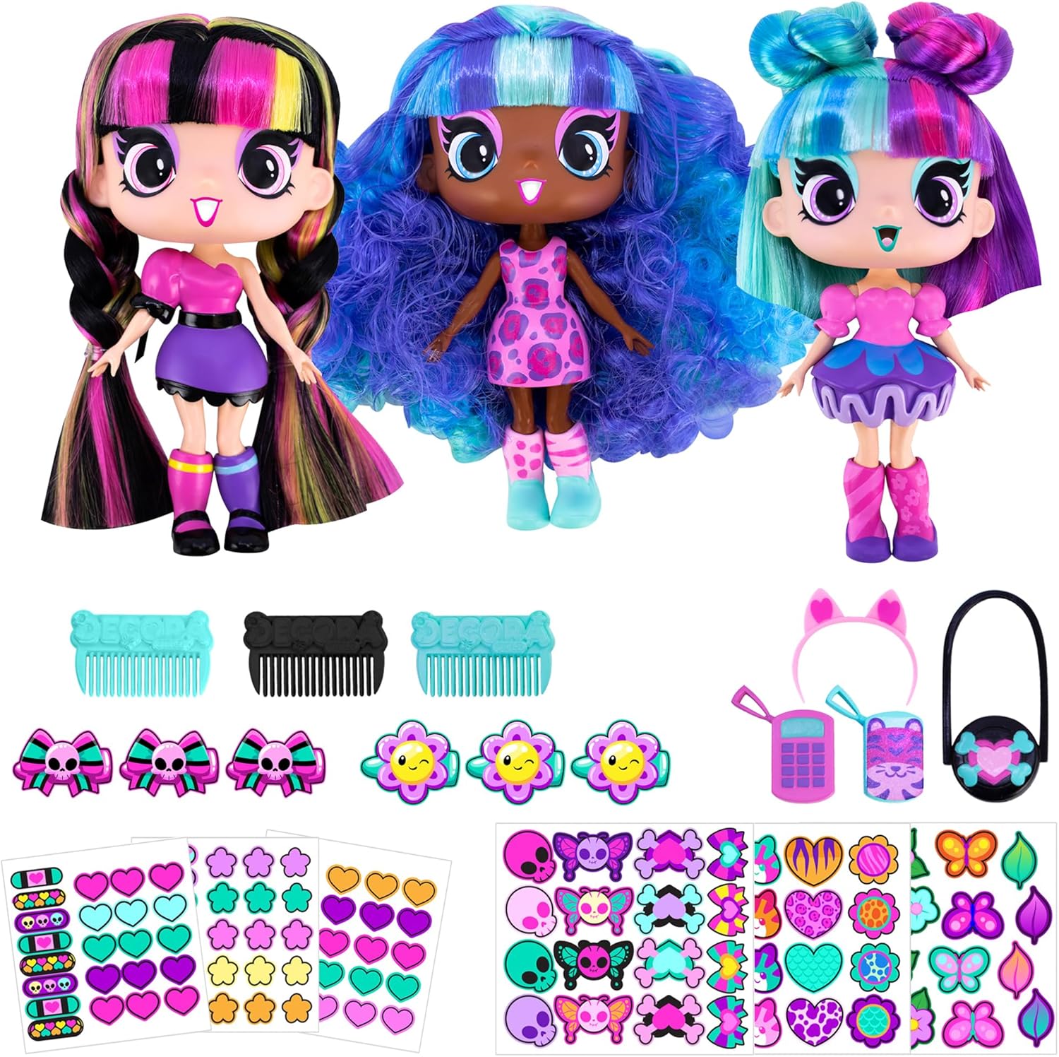 DECORA GIRLZ 5" Dolls -3 Pack C - Kat, Luna, and Heather | Fashion Dolls for Ages 4 and Up | Surprise Birthday Gift for Children | Set of Doll Clothes, Stickers, Dolls & Accessories